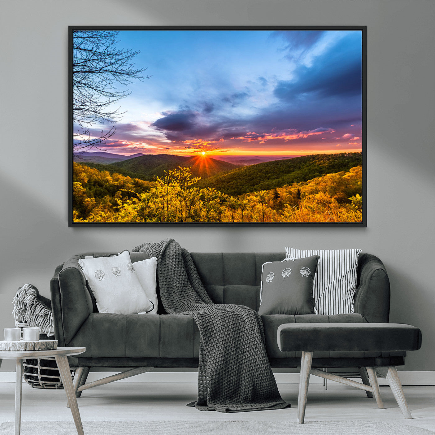 25786346-MGV-CV-36X24-Sunset Over Mountains Wall Art – Nature Landscape Canvas Print, Golden Hour Forest Photography, Scenic Sunrise Artwork for Living