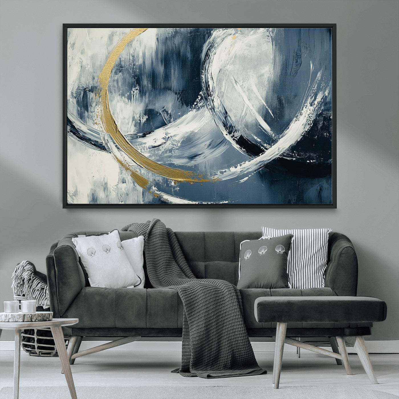 97295757-MGV-CV-36X24-Abstract Blue and Gold Wall Art – Modern Luxury Canvas Print, Navy White Brushstroke Painting, Contemporary Living Room Office