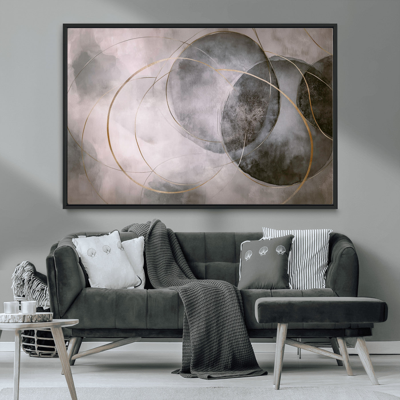 20066876-MGV-CV-36X24-Neutral Abstract Circle Wall Art – Modern Gray Beige Gold Canvas Print, Minimalist Geometric Painting for Bedroom, Living Room,