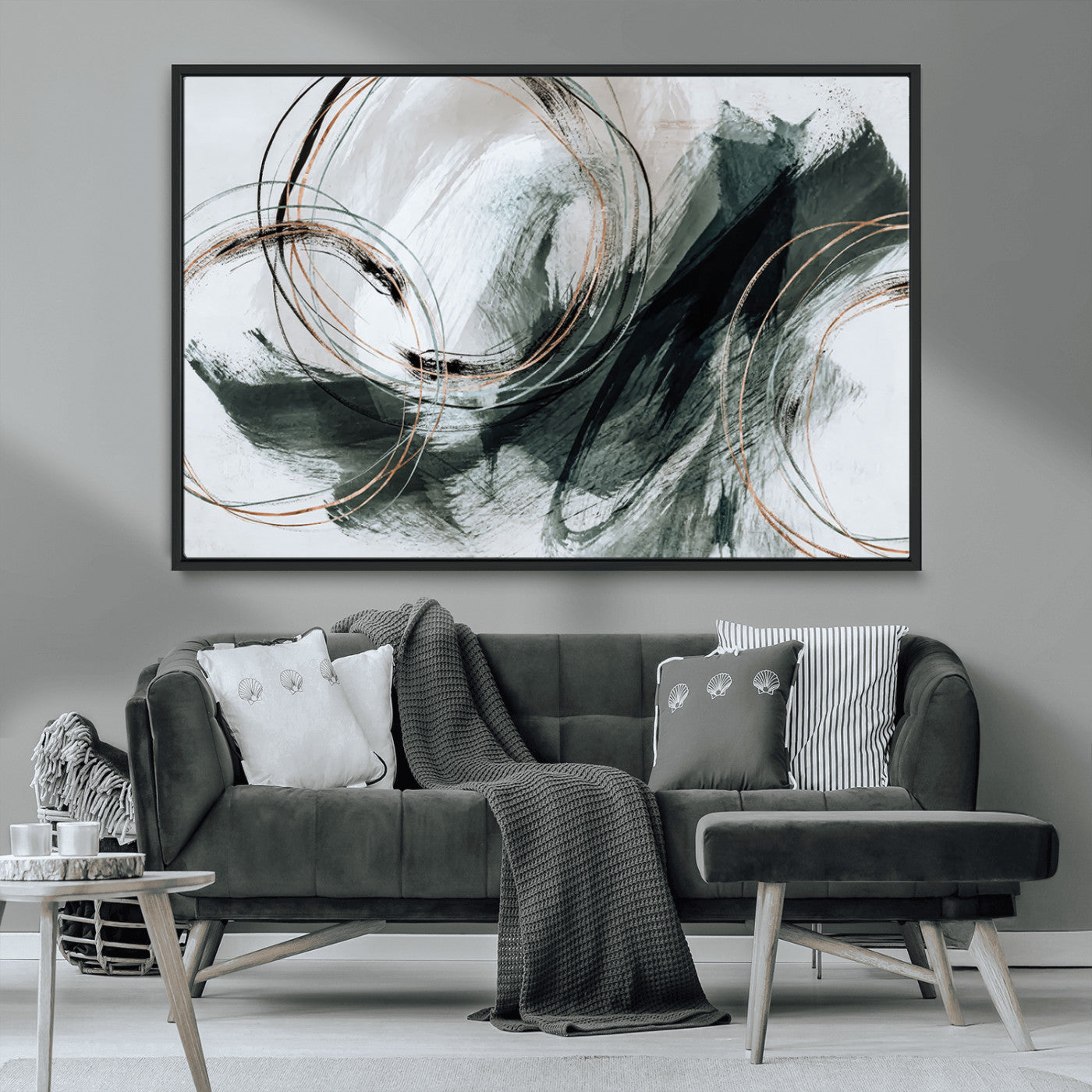 86583265-SEG-FC-90X60_Oversize_Oversize-Black and Gray Abstract Wall Art – Modern Copper Circle Canvas Print, Contemporary Minimalist Painting for Living Room, Bedroom,