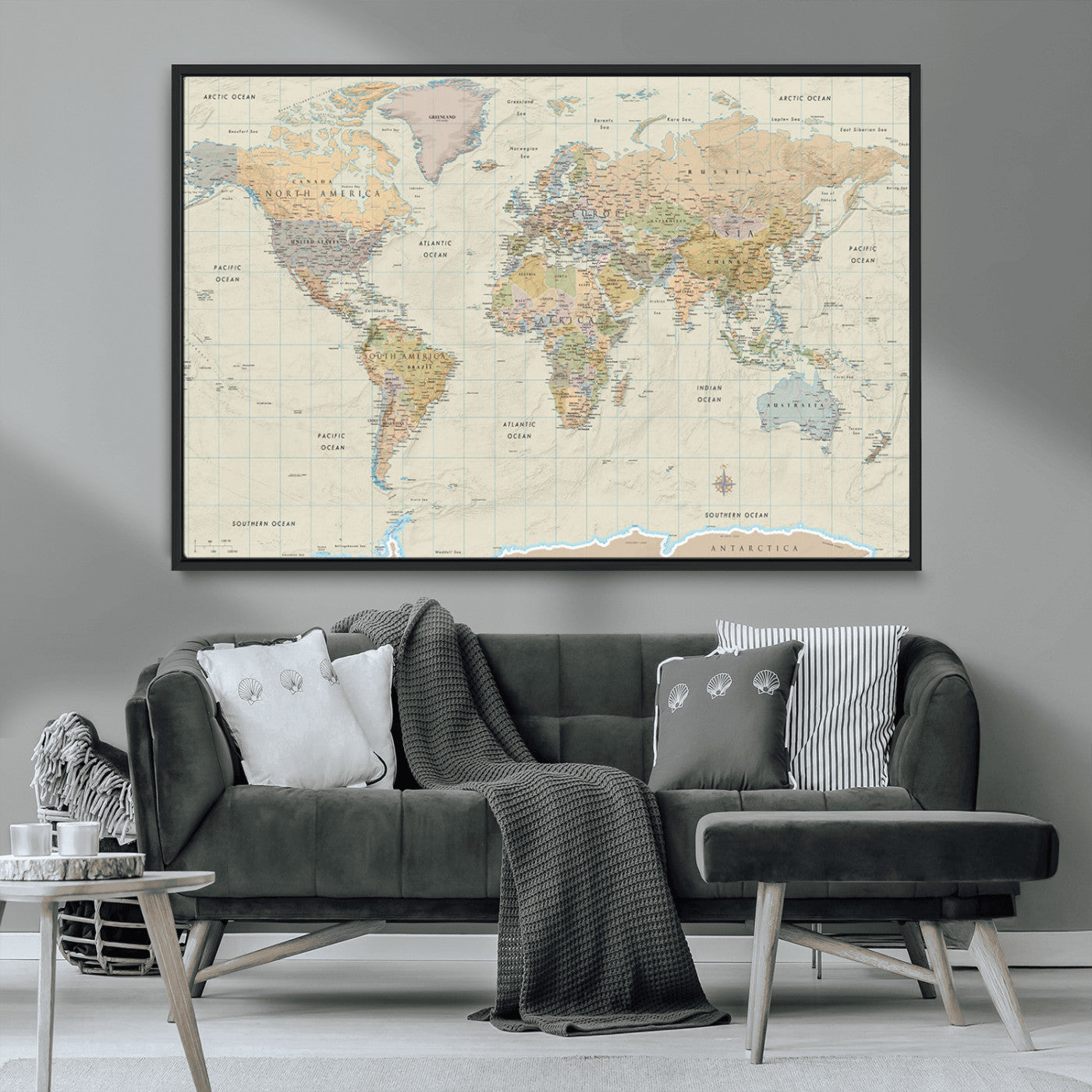 41929777-MGV-CV-36X24-World Map Wall Art – Large Detailed Political Atlas Style Map Print with Countries, Cities, and Oceans, Warm Earth Tone