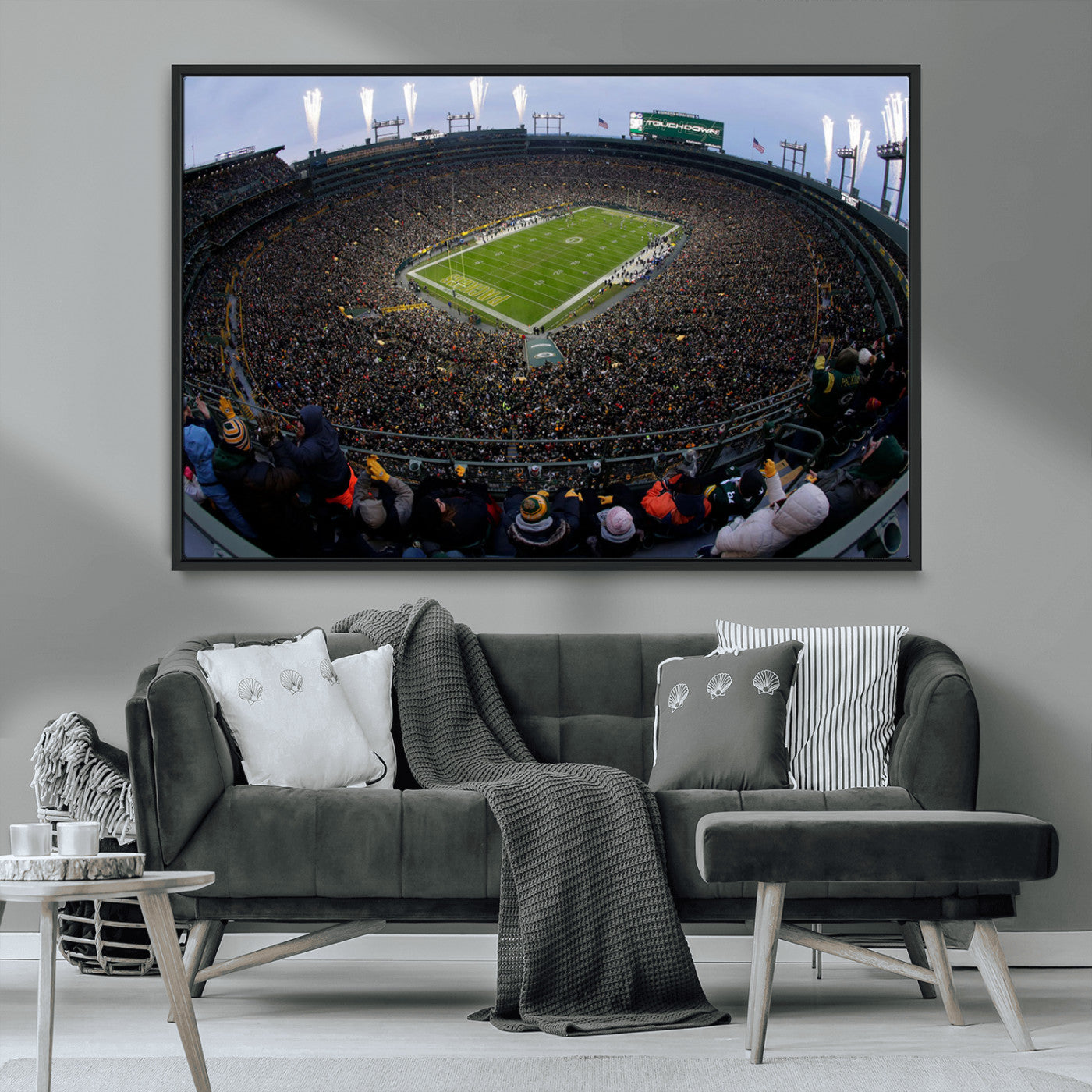 14387817-MGV-CV-36X24-Lambeau Field Stadium Wall Art – Green Bay Packers Game Day Canvas Print with Fireworks and Crowd – NFL Football Fan Man Cave