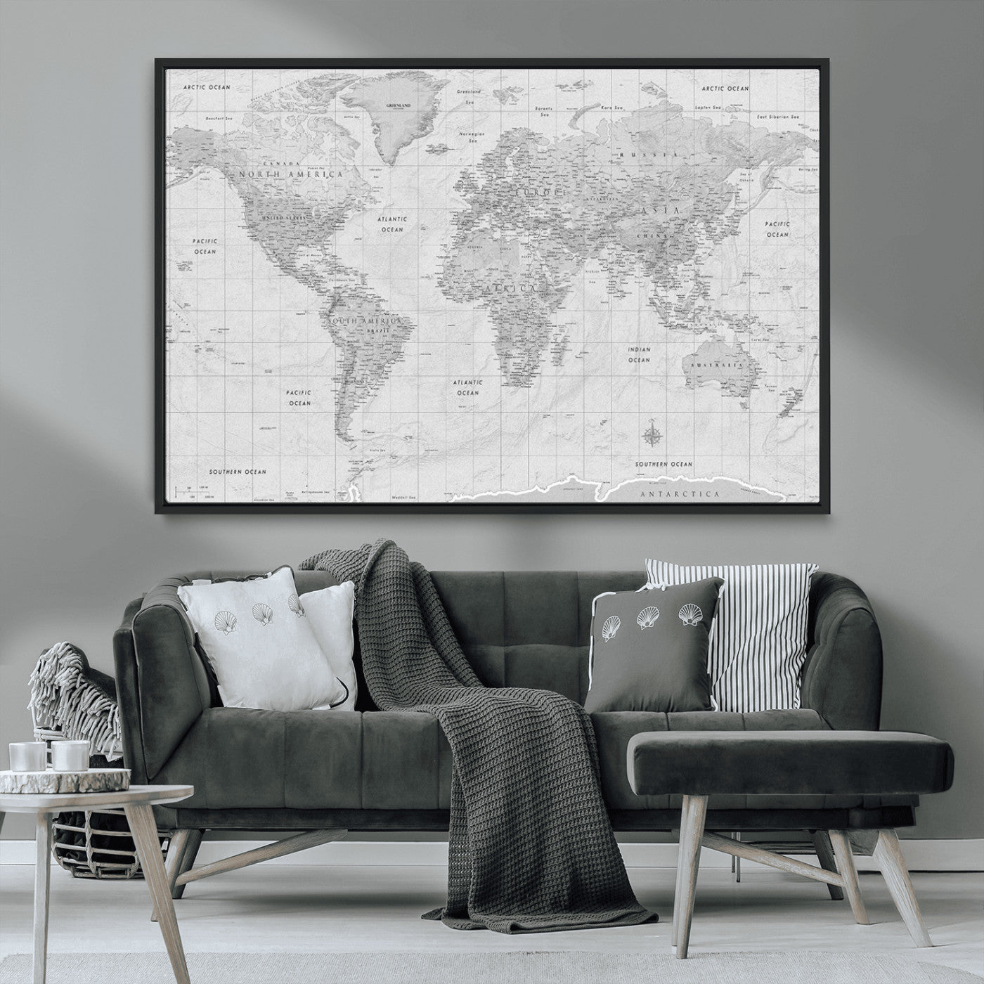 10516725-MGV-CV-36X24-Black and White World Map Wall Art – Minimalist Grayscale Canvas Print – Modern Detailed Travel Map Poster for Home, Office, or