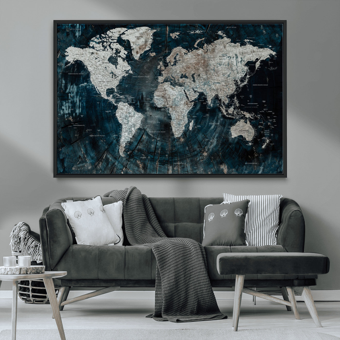 34425609-MGV-CV-36X24-World Map Wall Art – Rustic Navy and Grey Atlas Canvas Print, Distressed Explorer Map Artwork, Industrial Style Decor for Office,