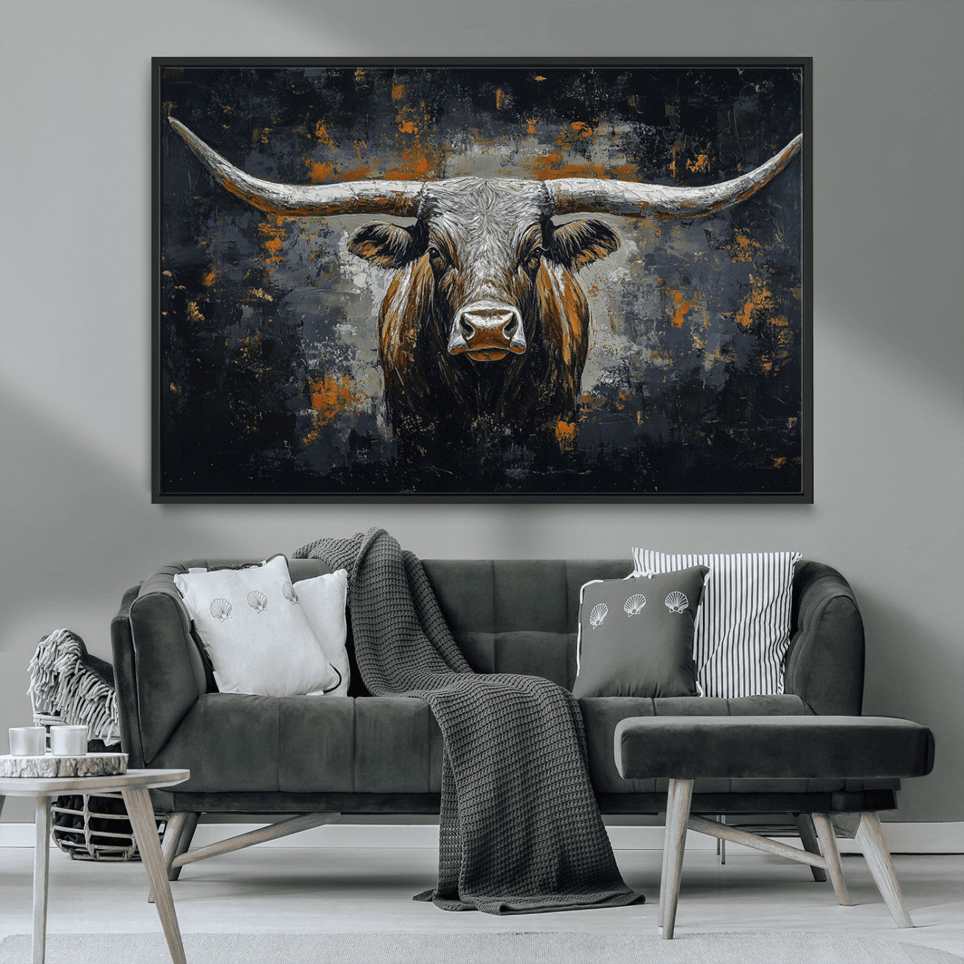 93195031-MGV-CV-36X24-Dark Longhorn Bull Wall Art – Western Steer Canvas Print, Moody Rustic Animal Painting for Man Cave, Ranch House, Office or Modern
