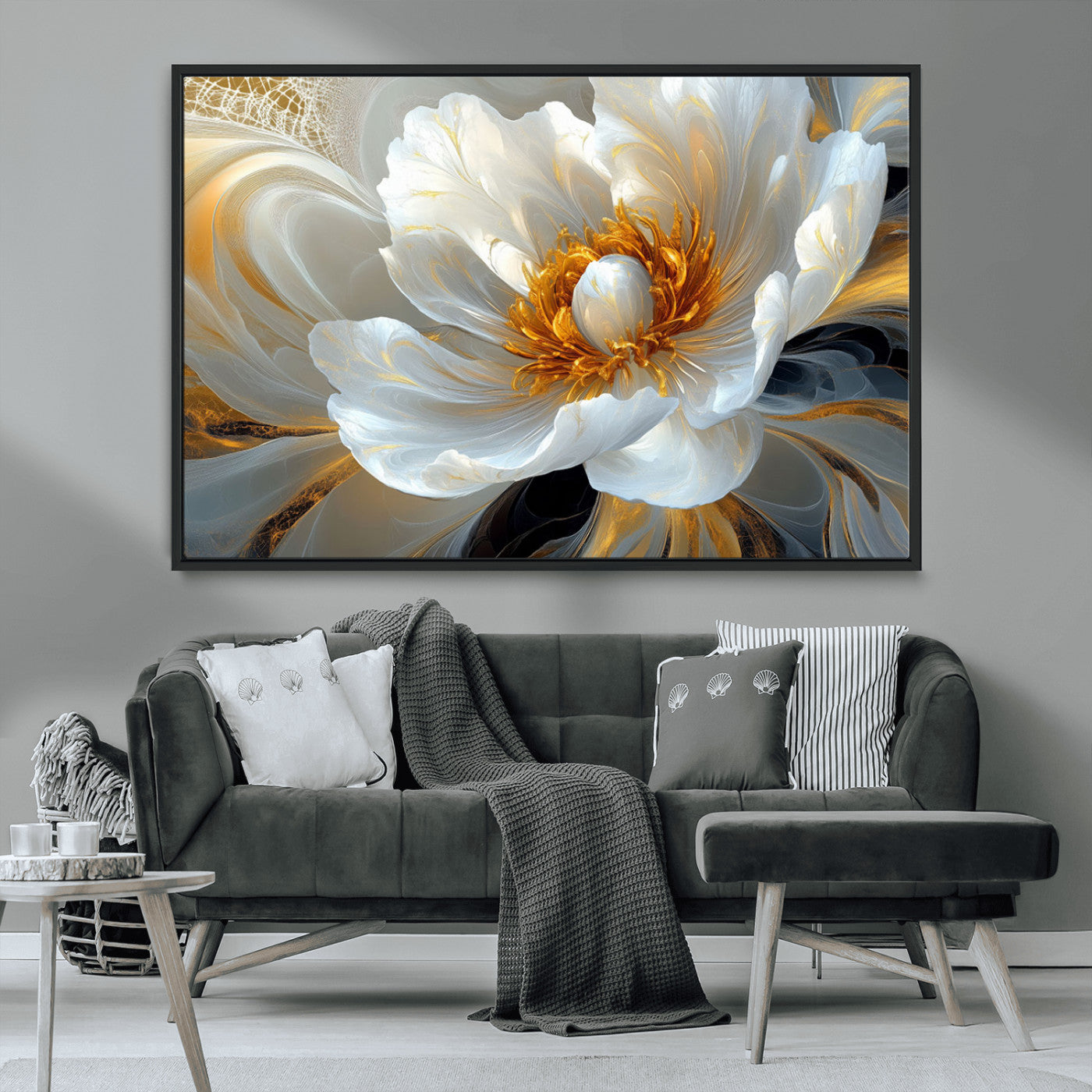 39604126-MGV-CV-36X24-Abstract Flower Wall Art – Elegant White and Gold Bloom Canvas Print, Modern Floral Artwork for Bedroom, Living Room, or Office