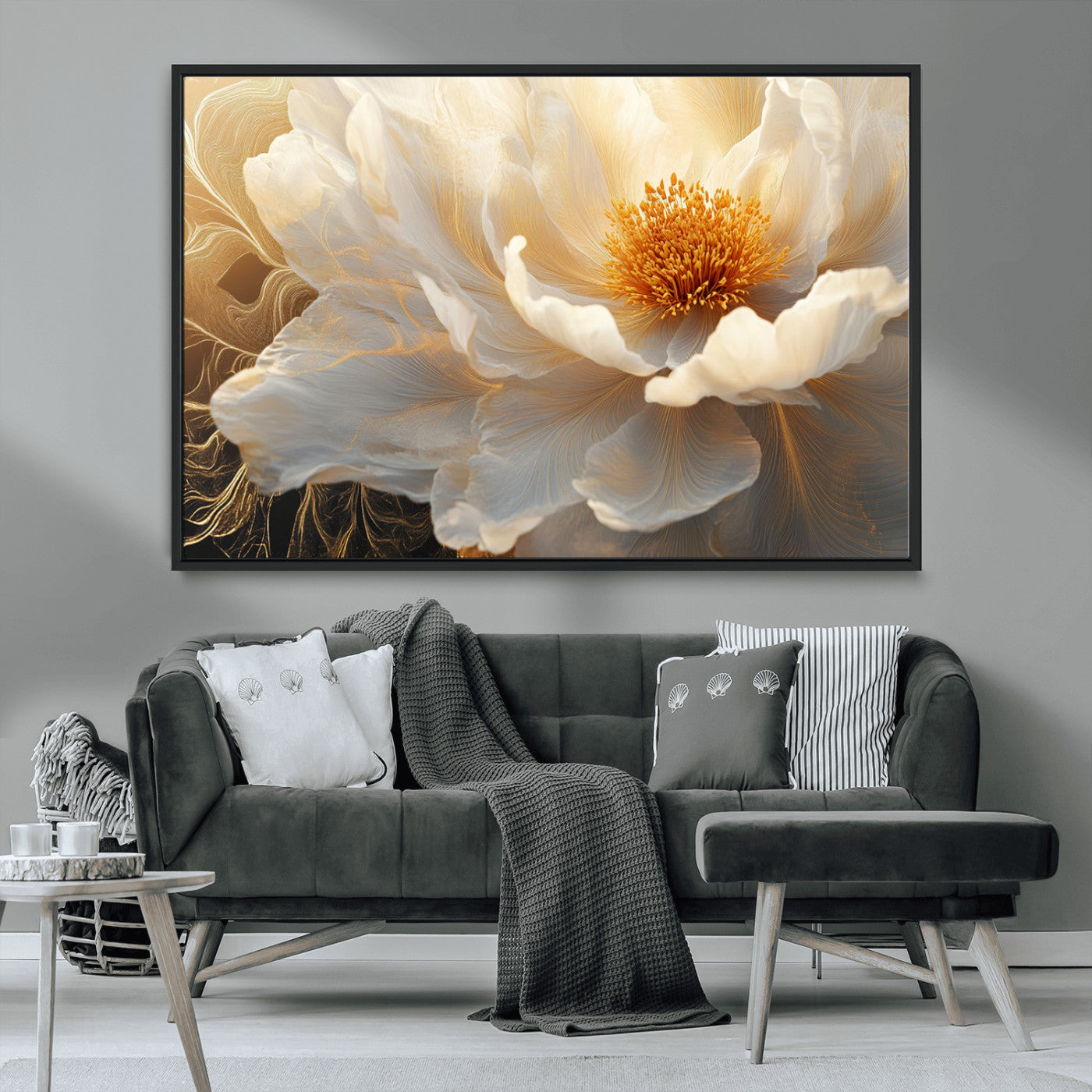 29539087-MGV-CV-36X24-Floral Wall Art – Elegant White and Gold Bloom Canvas Print, Romantic Modern Flower Artwork for Bedroom, Living Room, or Office