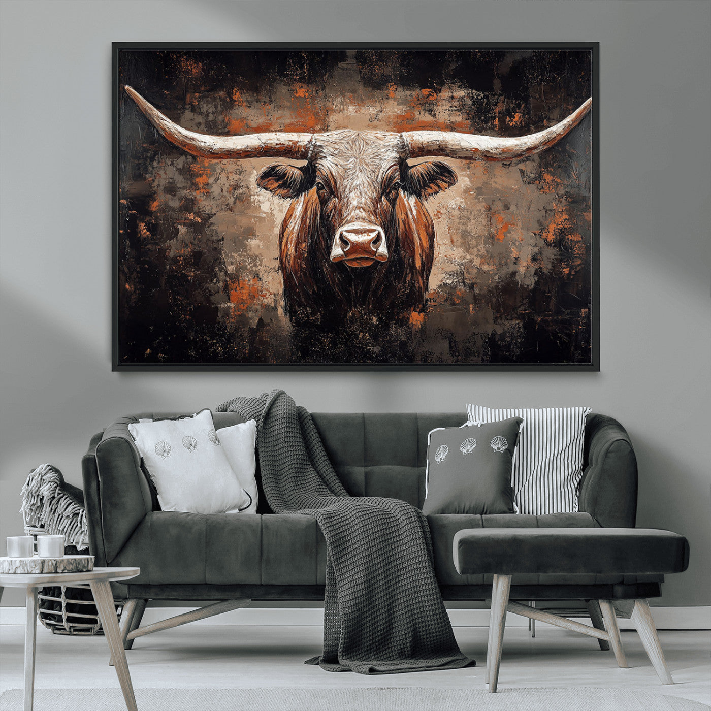 24779067-MGV-FC-36X24_Black-Longhorn Bull Wall Art – Western Rustic Canvas Print, Bold Cowboy Cattle Painting for Ranch House, Farmhouse, Office, or Living