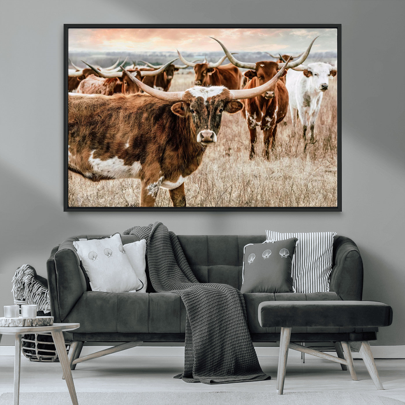 47758300-MGV-CV-36X24-Texas Longhorn Cattle Wall Art – Rustic Western Herd Canvas Print, Cowboy Ranch Farmhouse Decor for Living Room, Office, or