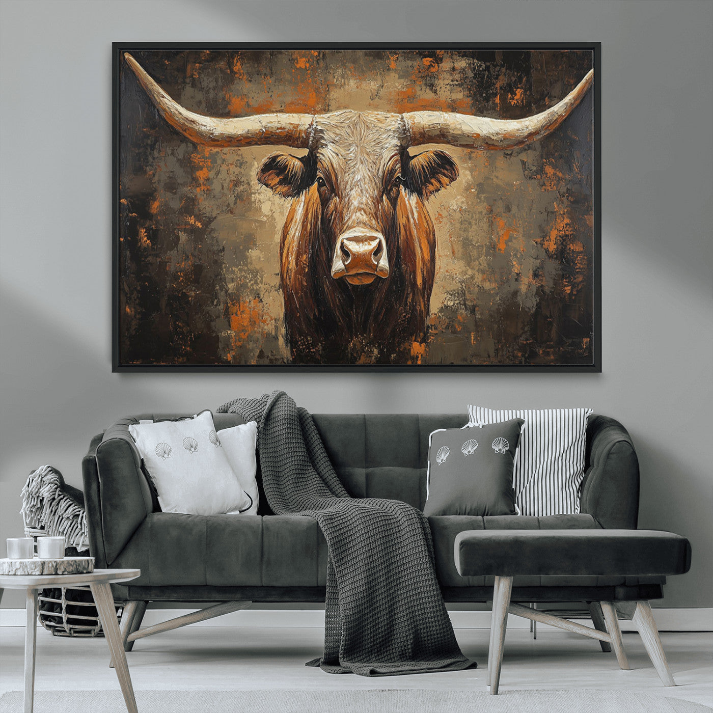 19204445-MGV-CV-36X24-Texas Longhorn Bull Wall Art – Rustic Western Canvas Print, Bold Cowboy Cattle Painting for Ranch House, Farmhouse, Office, or