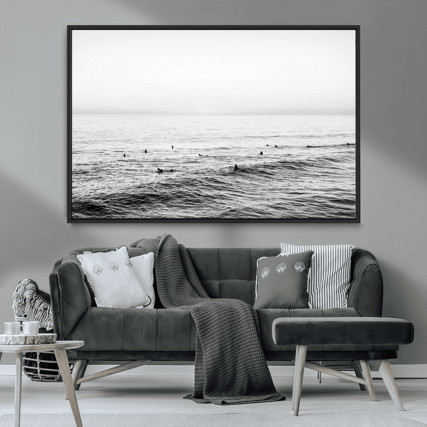 47208268-MGV-FC-36X24_Black-Surfer Ocean Wall Art – Black and White Coastal Canvas Print, Minimalist Surfing Seascape Decor for Living Room, Bedroom, or Beach