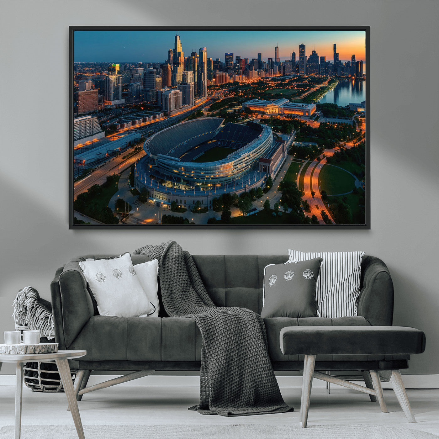 36690345-MGV-CV-36X24-Soldier Field Wall Art – Chicago Bears Stadium Aerial Night Canvas Print, City Skyline Football Decor for Living Room, Office, or