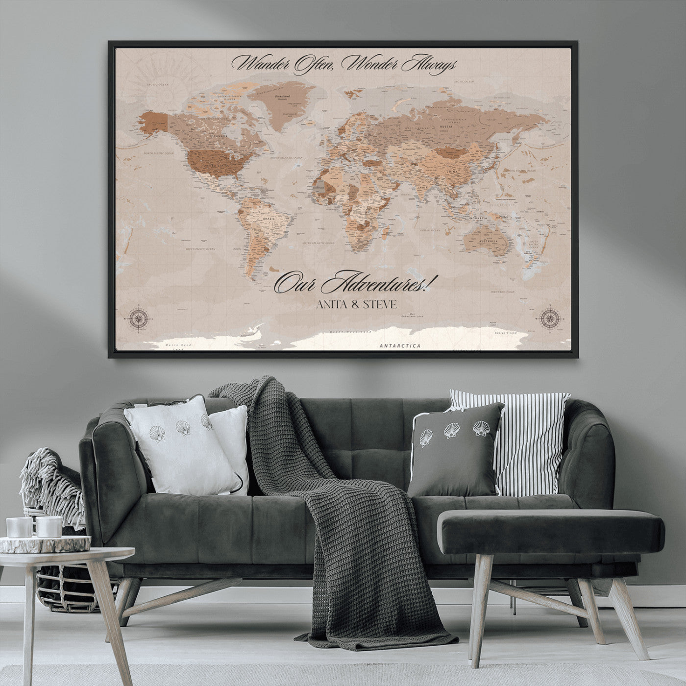 95243244-MGV-CV-36X24-Wander Often Wonder Always World Map Wall Art – Neutral Beige Adventure Canvas Print, Rustic Boho Travel Decor for Bedroom, Living