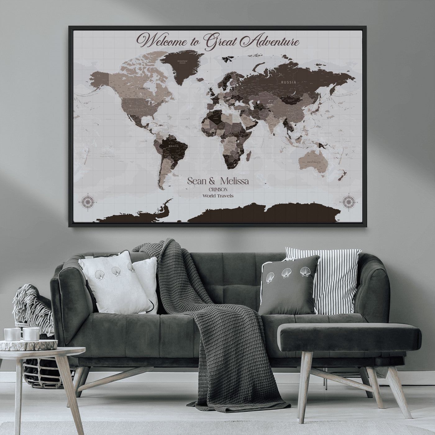 43749658-MGV-CV-36X24-Welcome to Great Adventure World Map Wall Art – Charcoal Gray Canvas Print, Rustic Travel Decor for Living Room, Study, Office or