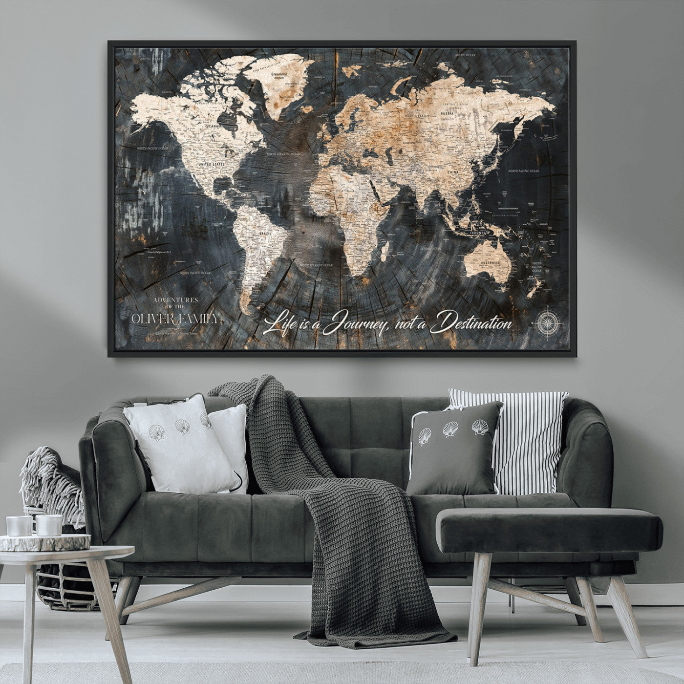 37848568-MGV-CV-36X24-Life is a Journey Not a Destination World Map Rustic Wood Texture Vintage Beige Navy Adventure Wall Art Canvas Print for Home