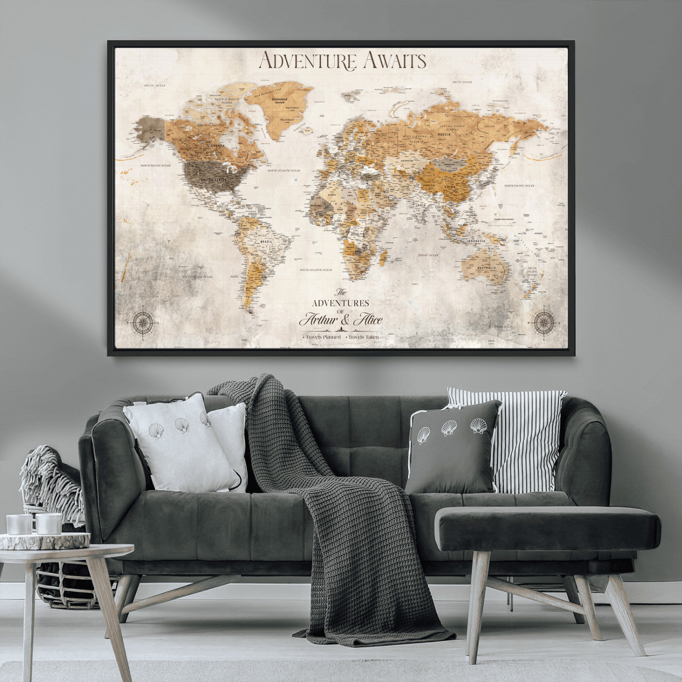 99422096-MGV-CV-36X24-Adventure Awaits World Map Wall Art – Neutral Beige Canvas Print, Modern Travel Inspired Wall Decor for Living Room, Bedroom or