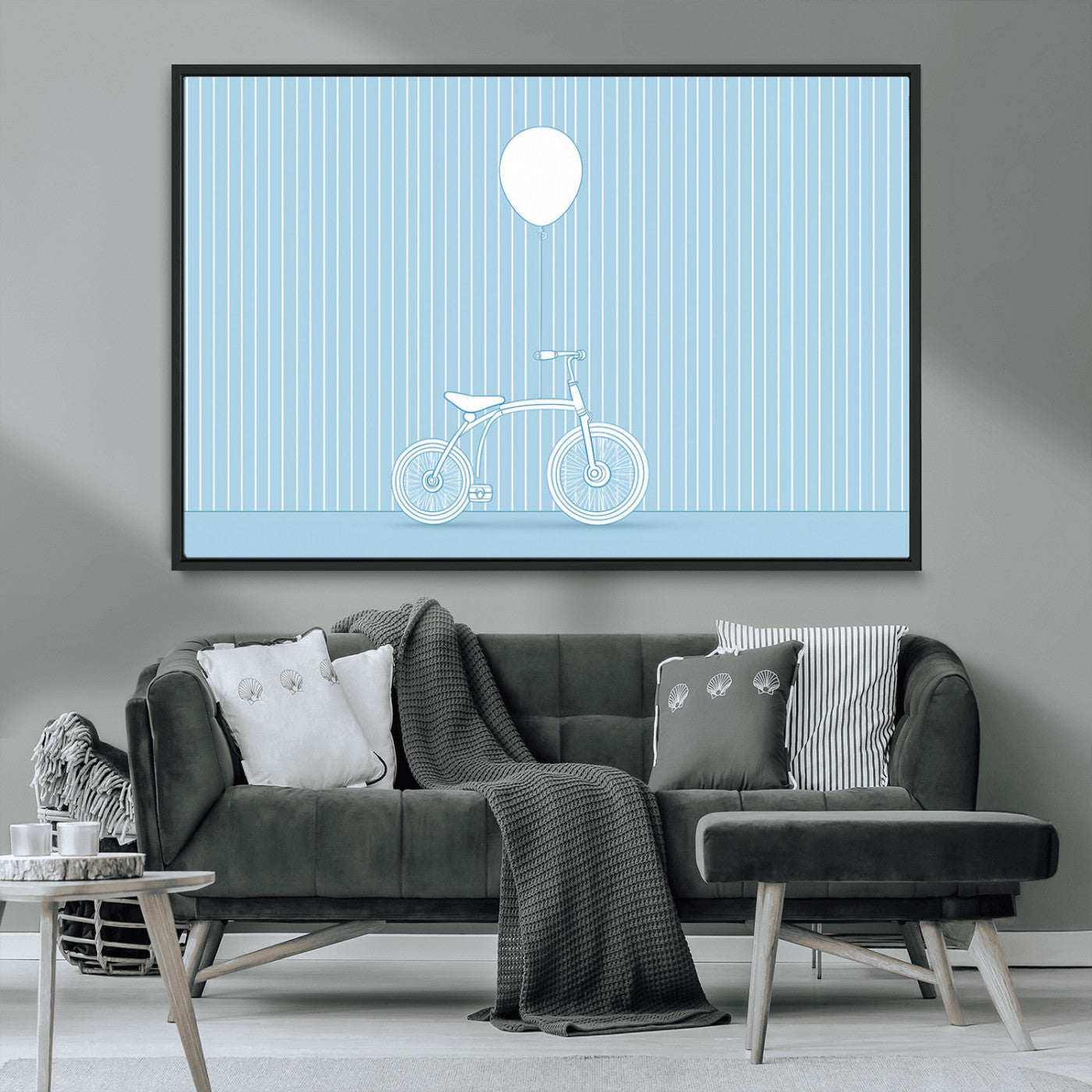 56479838-MGV-CV-36X24-Bicycle Wall Art – Minimalist Blue Canvas Print with Balloon Illustration, Modern Decor Artwork for Kids Room, Nursery, or Living