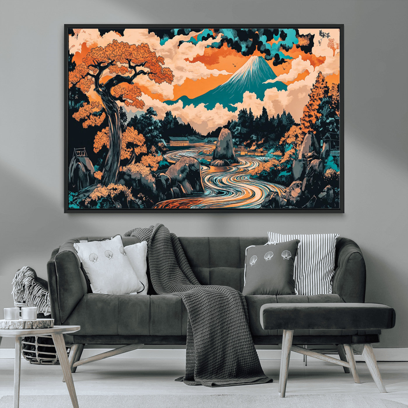 21638941-MGV-CV-36X24-Japanese Landscape Wall Art – Mount Fuji and Flowing River Ukiyo-e Style Canvas Print, Traditional Japan Inspired Artwork for
