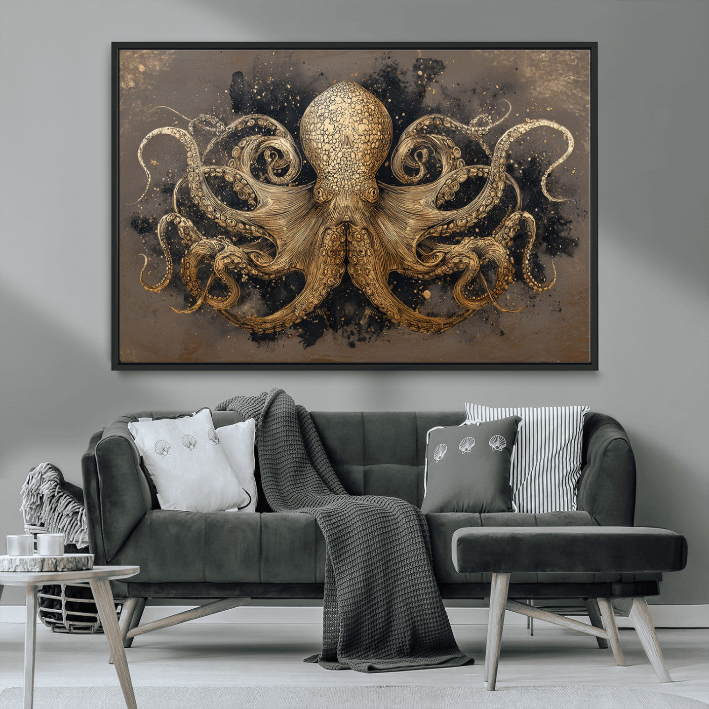 21717515-MGV-FC-36X24_Black-Octopus Canvas Wall Art – Marine Illustration, Detailed Tentacles, Oceanic Creature, Nautical Decor, Vintage Style Sea Life for