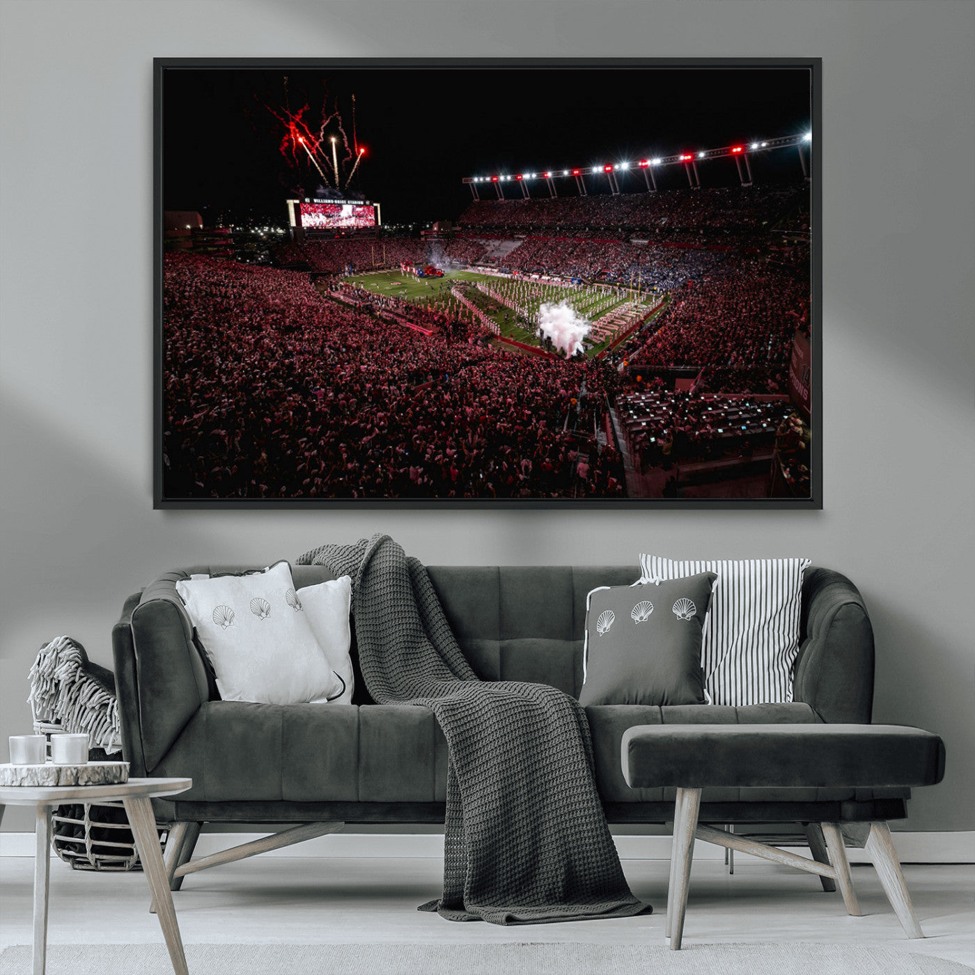 60690191-MGV-CV-36X24-Stadium Wall Art – Night Game Football Canvas Print with Fireworks, Marching Band and Crowd, Panoramic Sports Photography for Man