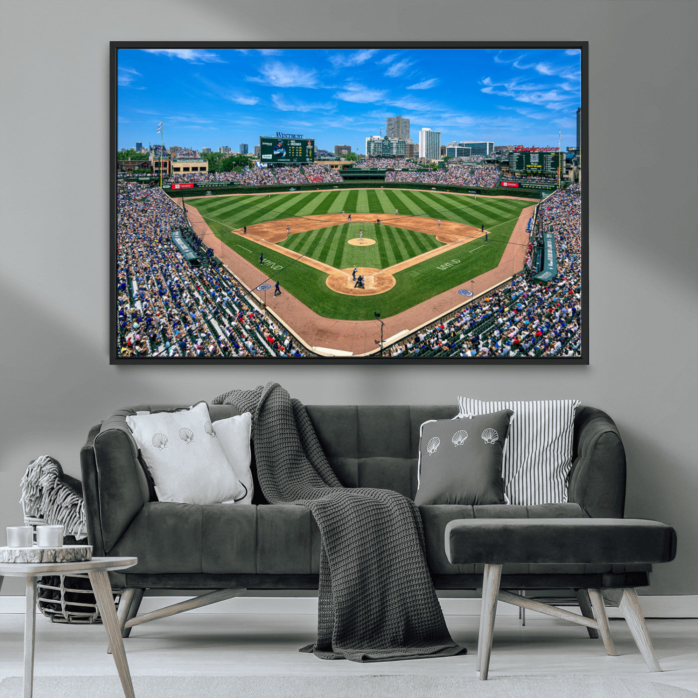 56213978-MGV-FC-36X24_Black-Wrigley Field Baseball Stadium Canvas Wall Art – Packed Crowd Sports Stadium Print, City Skyline Baseball Field Canvas for Game