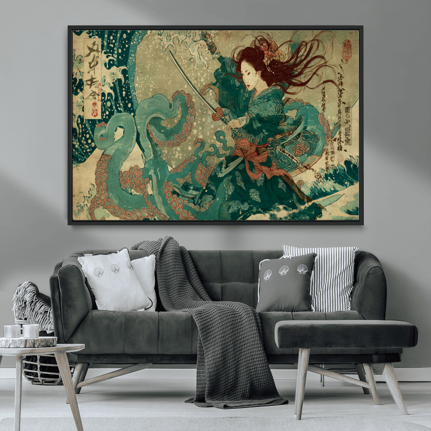 86918027-MGV-CV-36X24-Tsukioka Yoshitoshi Samurai Wall Art Print, Japanese Katana Warrior Canvas Wall Art, Octopus Sea Monster Canvas Print,