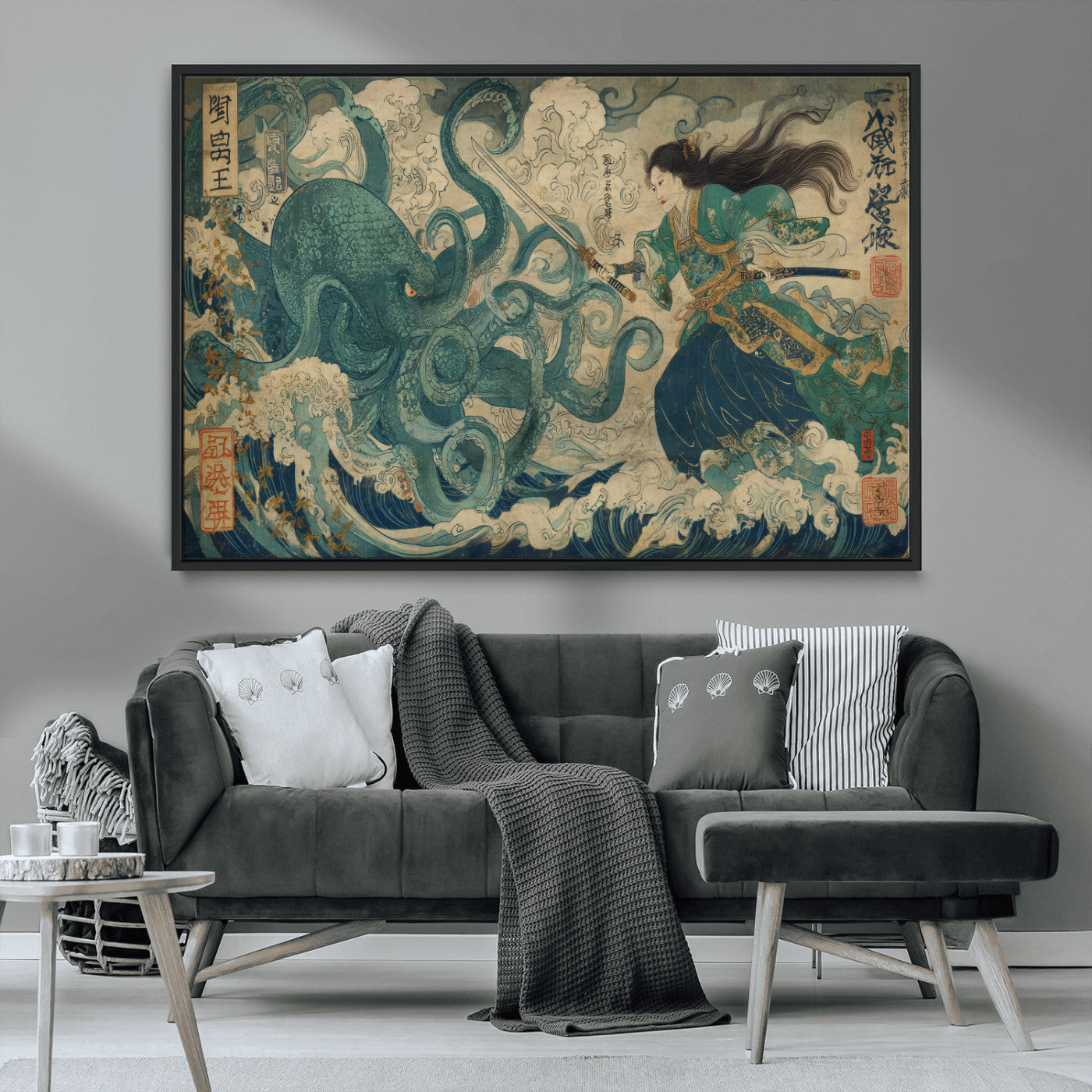 60346622-MGV-FC-36X24_Black-Samurai Warrior vs Octopus Wall Art – Japanese Ukiyo-e Style Ocean Battle Canvas Print, Traditional Samurai Artwork for Living
