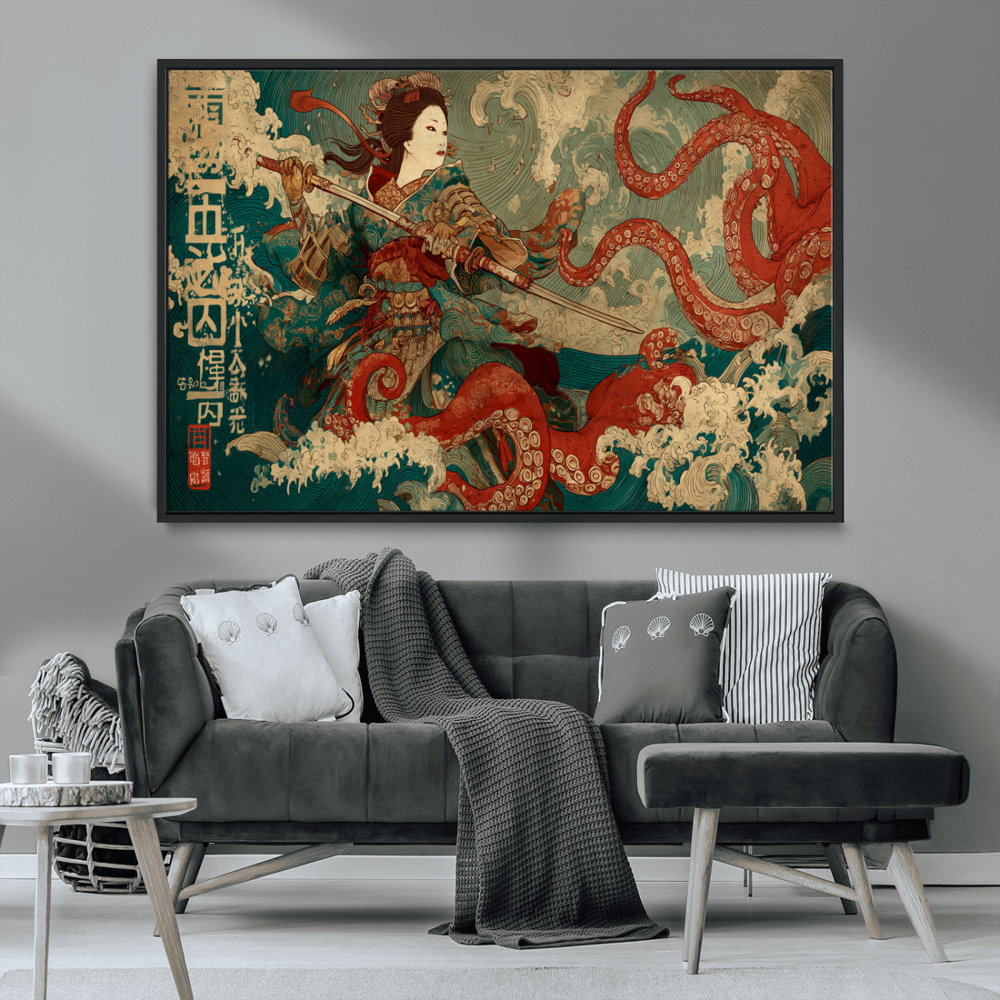 60201267-MGV-CV-36X24-Samurai Woman vs Octopus Wall Art – Japanese Ukiyo-e Armor Canvas Print, Red Tentacle Ocean Battle Artwork for Living Room,