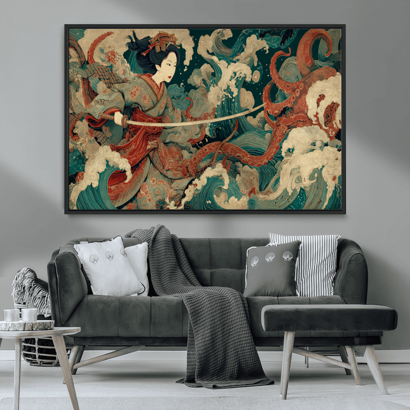 30212982-MGV-CV-36X24-Samurai Woman vs Octopus Wall Art – Japanese Ukiyo-e Style Warrior and Sea Monster Canvas Print, Mythology Inspired Artwork for