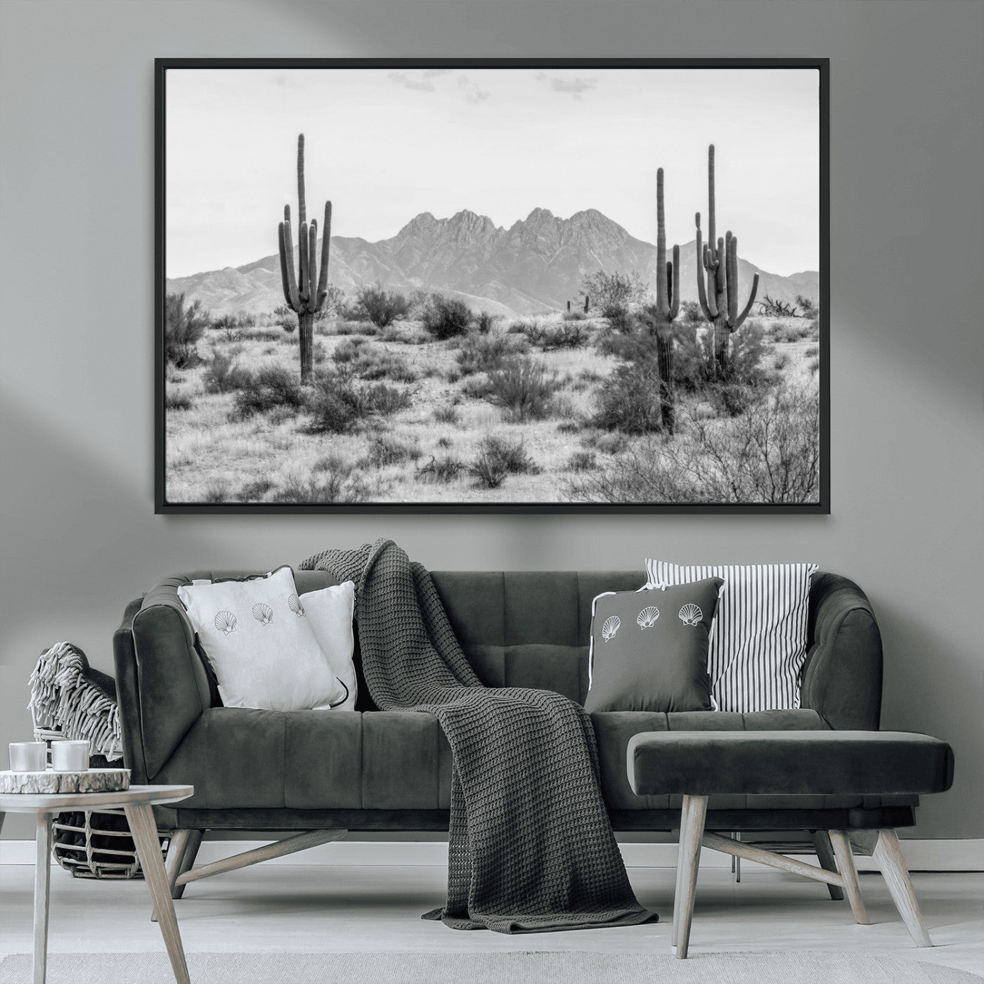 97436PHN-MGV-CV-36X24-Desert Landscape Wall Art – Black and White Cactus and Mountain Canvas Print, Southwestern Nature Photography for Living Room,