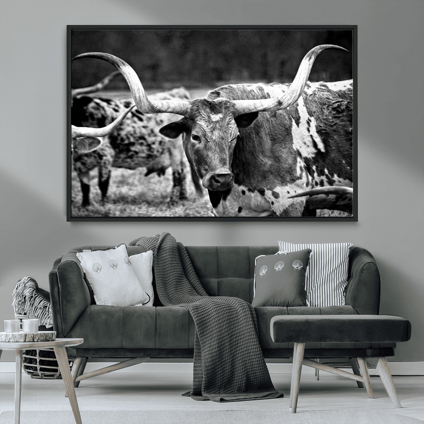 15425553-MGV-CV-36X24-Western Wall Art – Longhorn Cattle Black and White Canvas Print, Rustic Ranch Photography Decor for Bedroom, Living Room, Office,