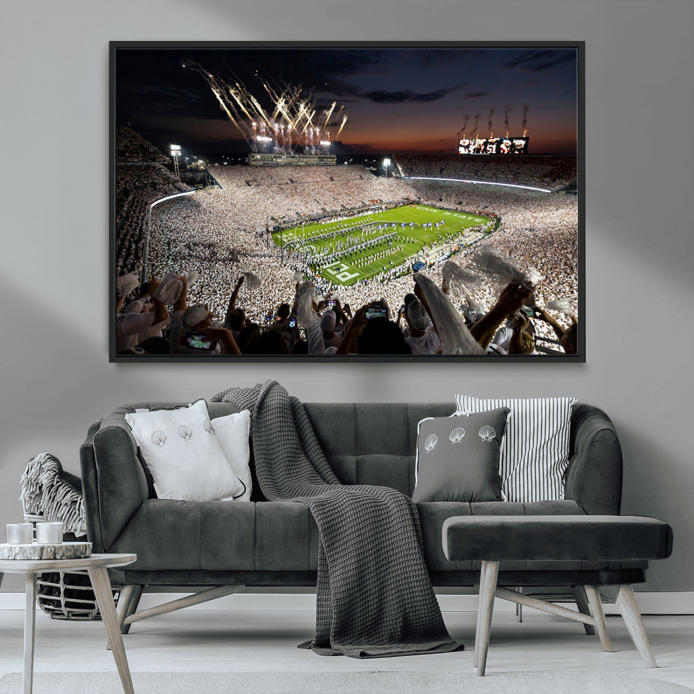 11221988-MGV-CV-36X24-Football Stadium Wall Art – Game Day Crowd with Fireworks, Sports Fan Photography Print, Stadium Decor for Man Cave, Bar, or