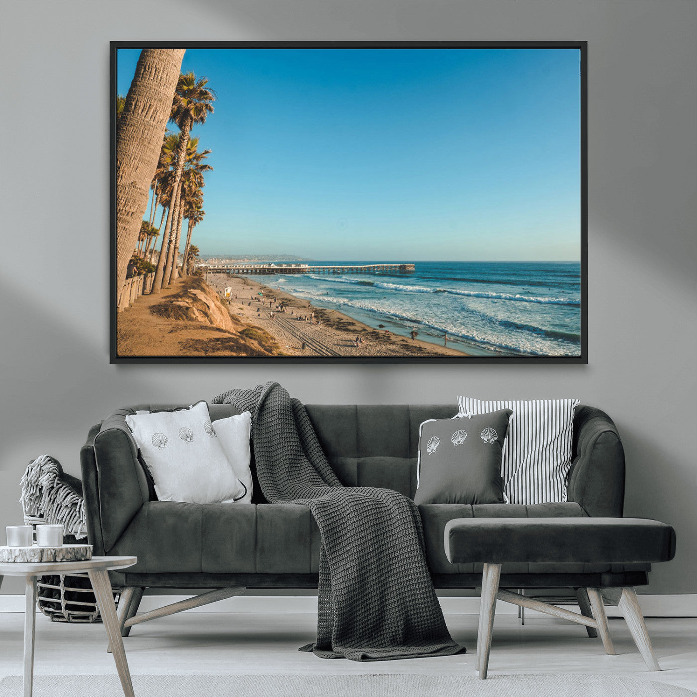 92568259-MGV-CV-36X24-California Beach Wall Art – Palm Tree Pier Canvas Print, Coastal Ocean Photography Seaside Decor for Living Room, Bedroom, Office,