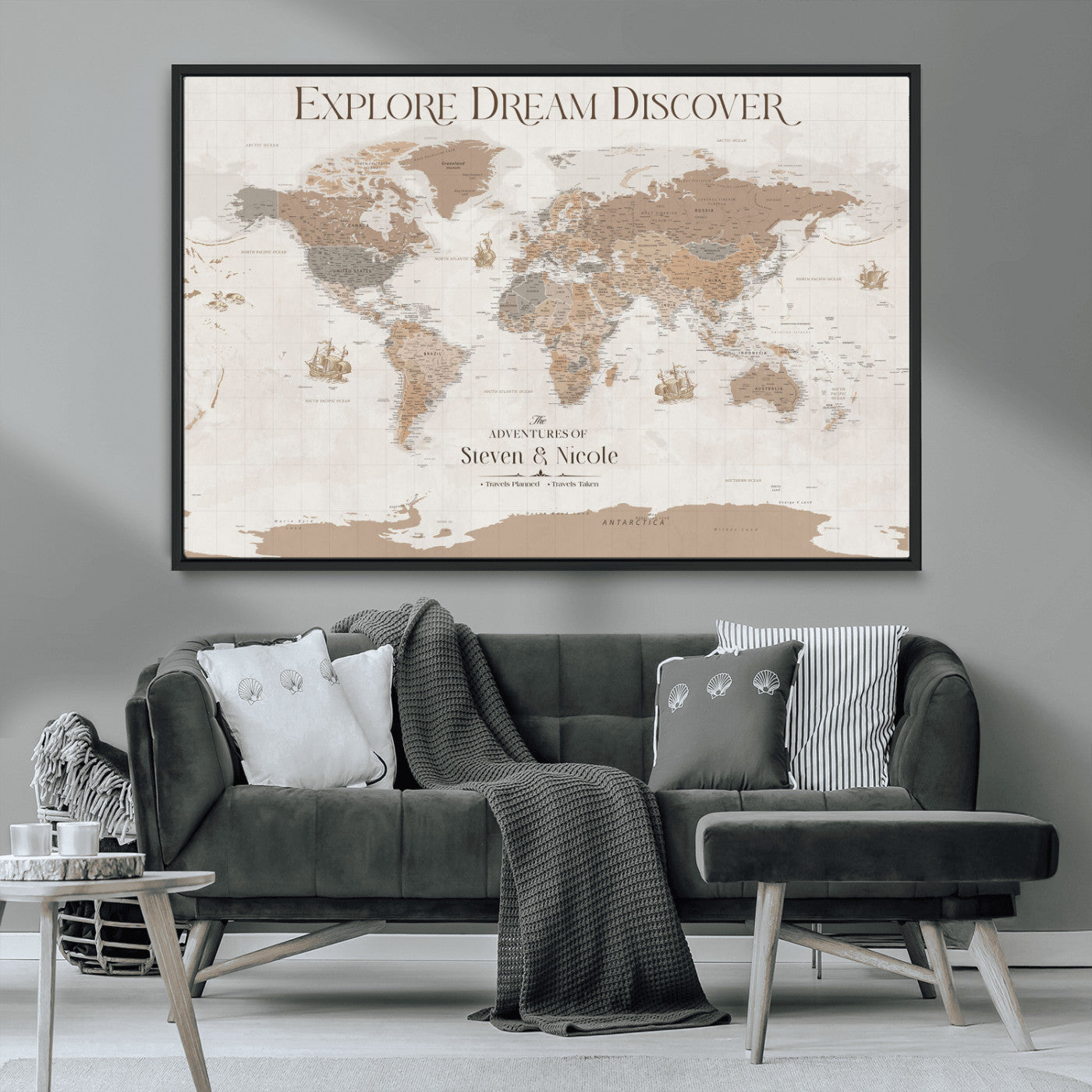 56148717-MGV-CV-36X24-Personalized World Map Wall Art – Neutral Beige & Brown Vintage Adventure Travel Map with Custom Couple Names, Classic Wall Decor