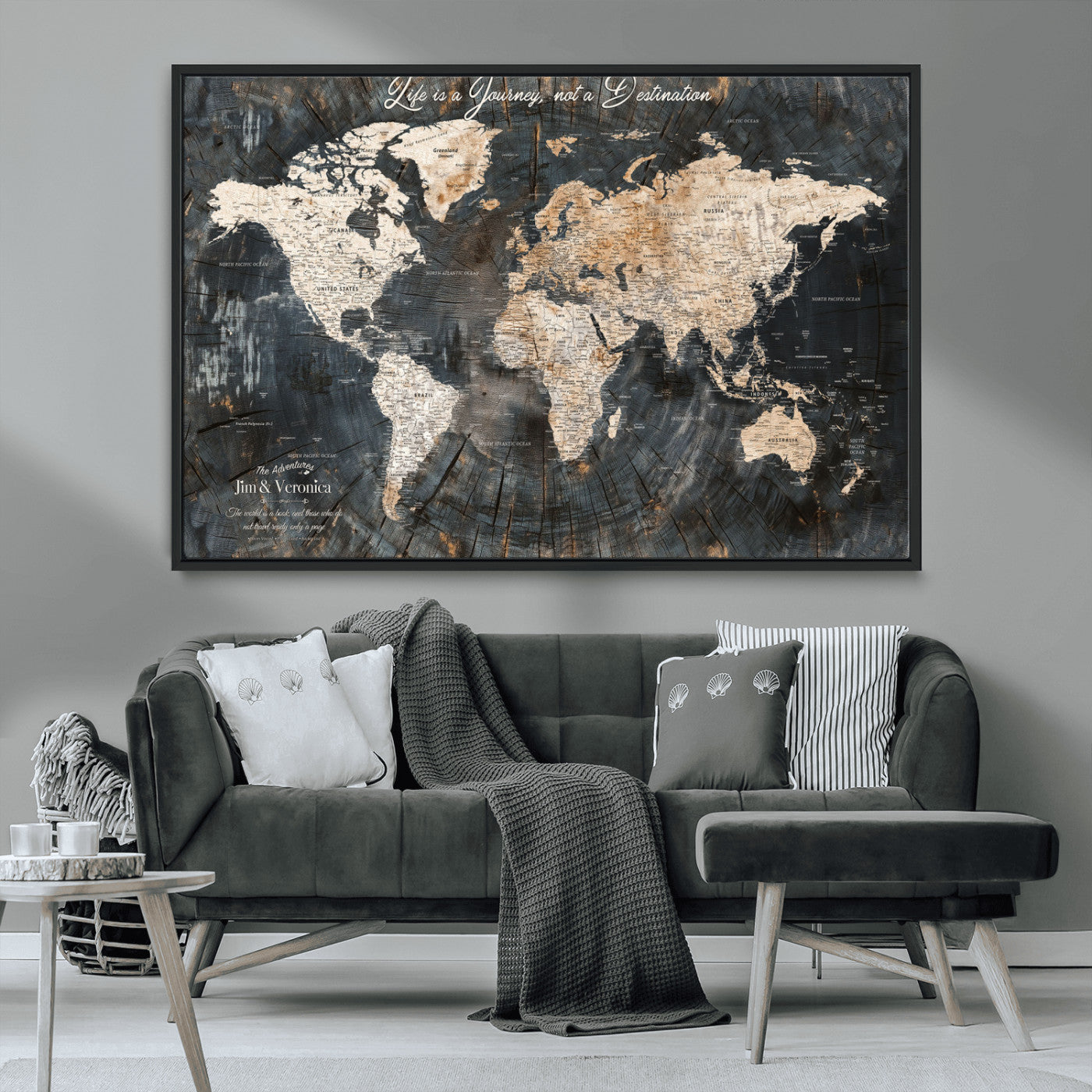 55548943-MGV-CV-36X24-Personalized World Map Wall Art – Rustic Wood Texture Adventure Travel Map with Custom Couple Names, Vintage Dark Wall Decor for