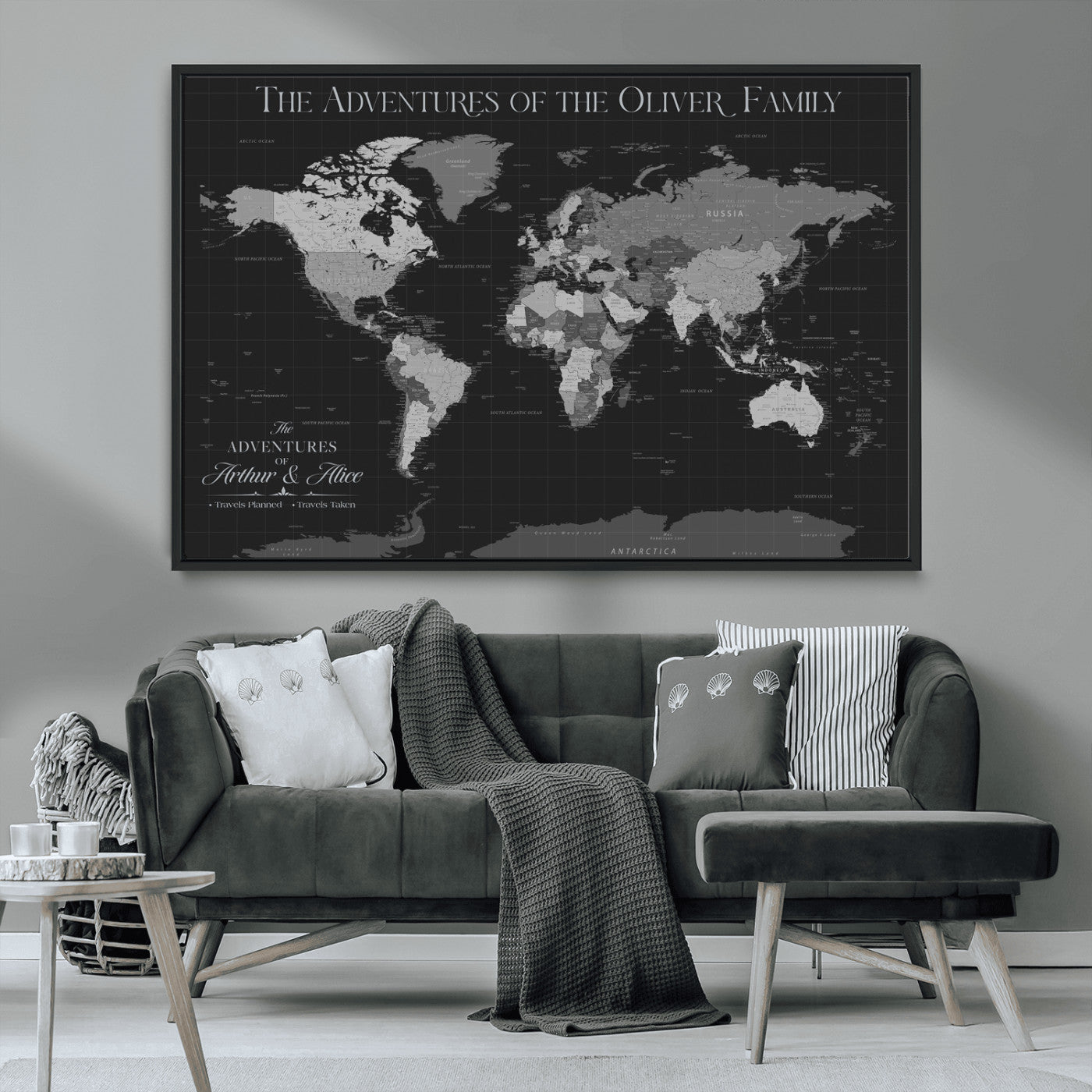 46064114-MGV-CV-36X24-Personalized World Map Wall Art – Black & Grey Adventure Travel Map with Custom Family or Couple Names, Modern Wall Decor for Home