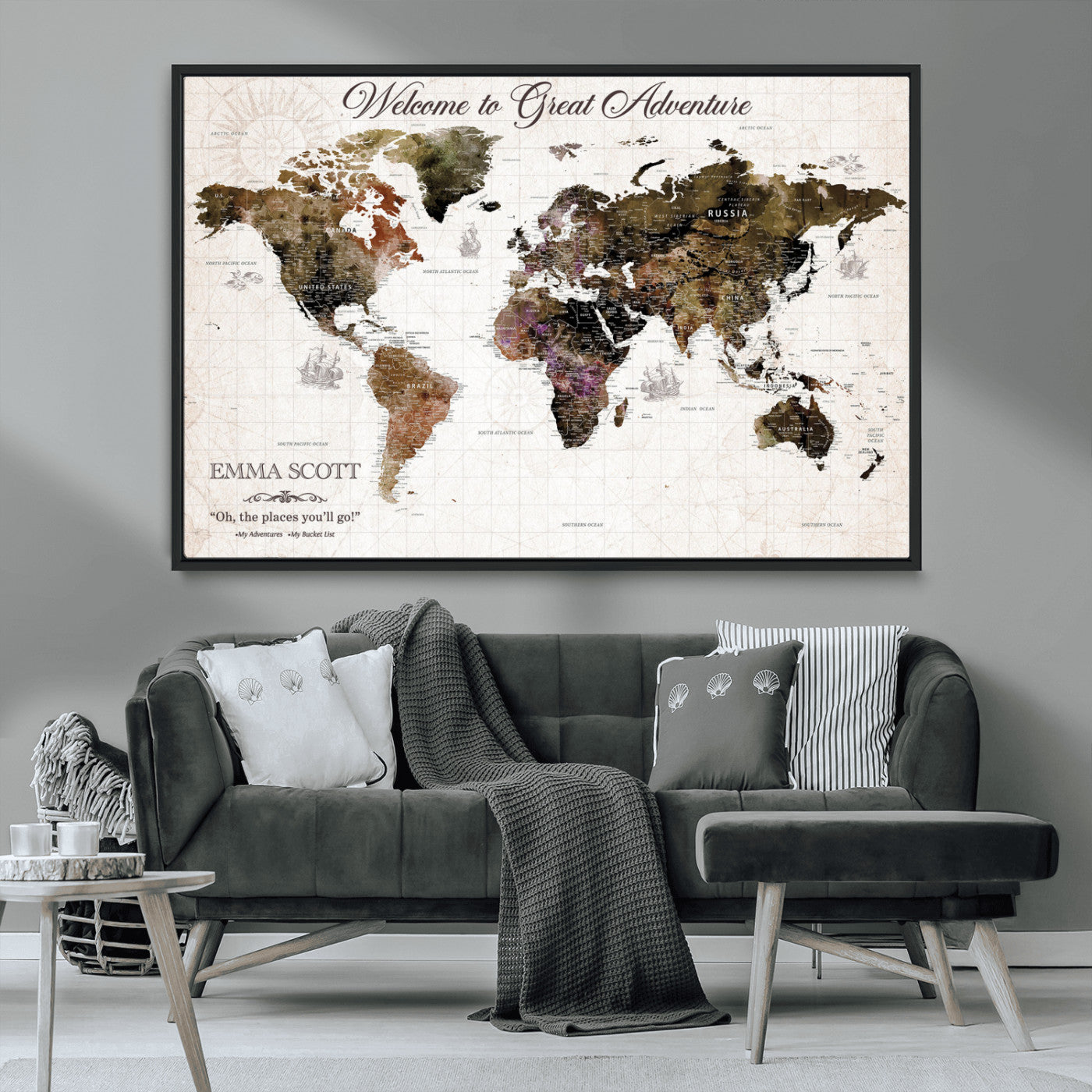 33631532-MGV-CV-36X24-Personalized World Map Wall Art – Dark Vintage Adventure Travel Map with Custom Names, Rustic Wall Decor for Couples, Home or