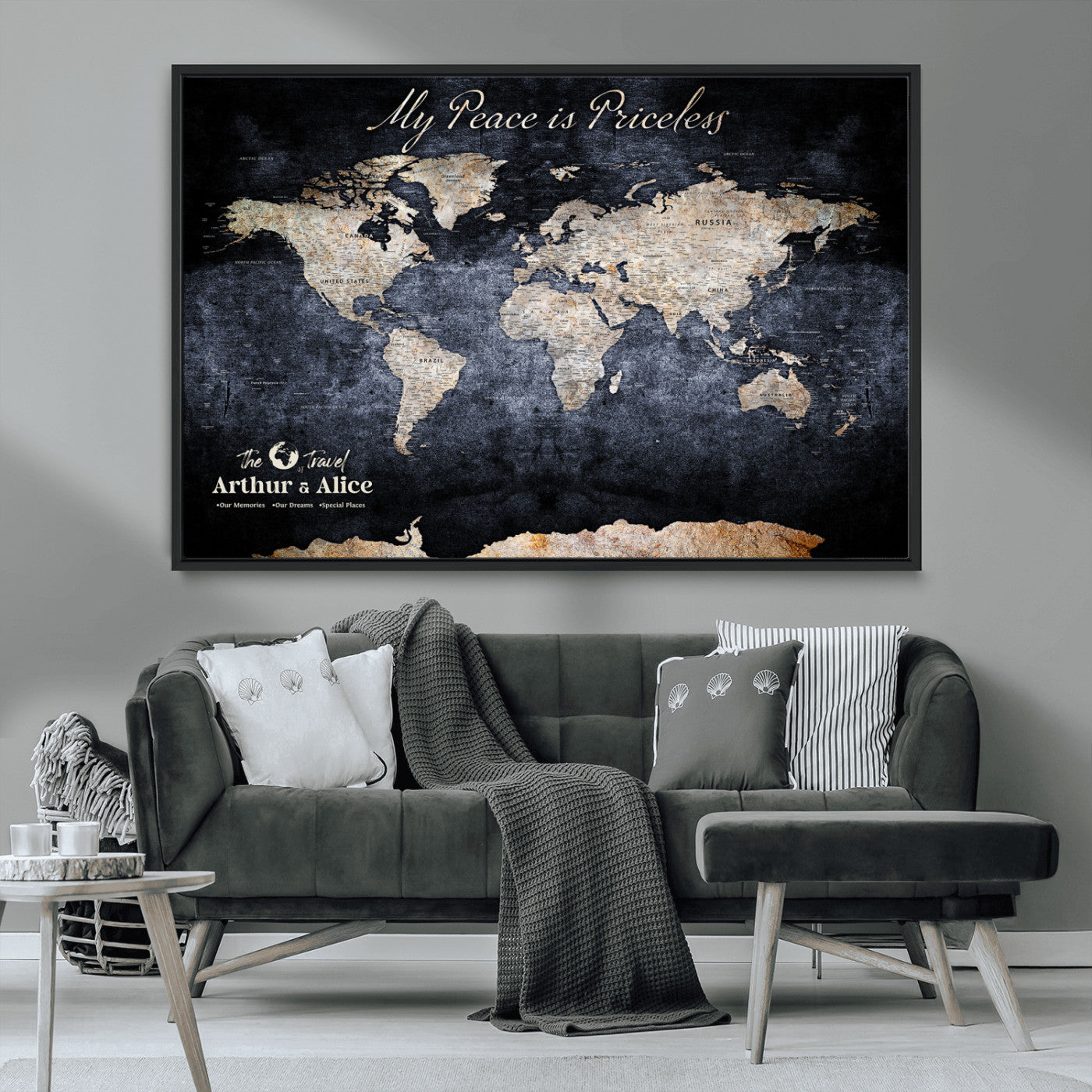 85403043-MGV-CV-36X24-Personalized World Map Wall Art – Dark Blue Rustic Adventure Map with Custom Couple Names, Vintage Wall Decor for Home or Travel