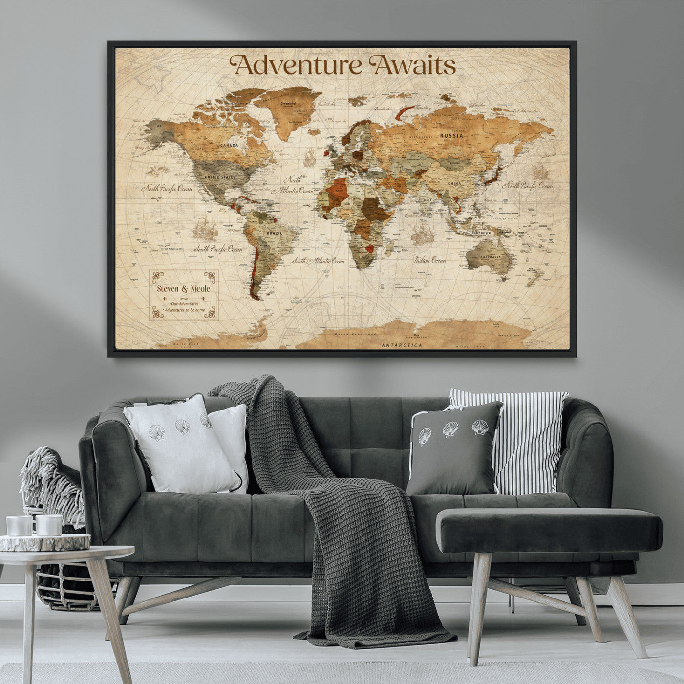 18685073-MGV-CV-36X24-Personalized World Map Wall Art – Antique Vintage Parchment Adventure Awaits Travel Map with Custom Couple Names, Rustic Wall