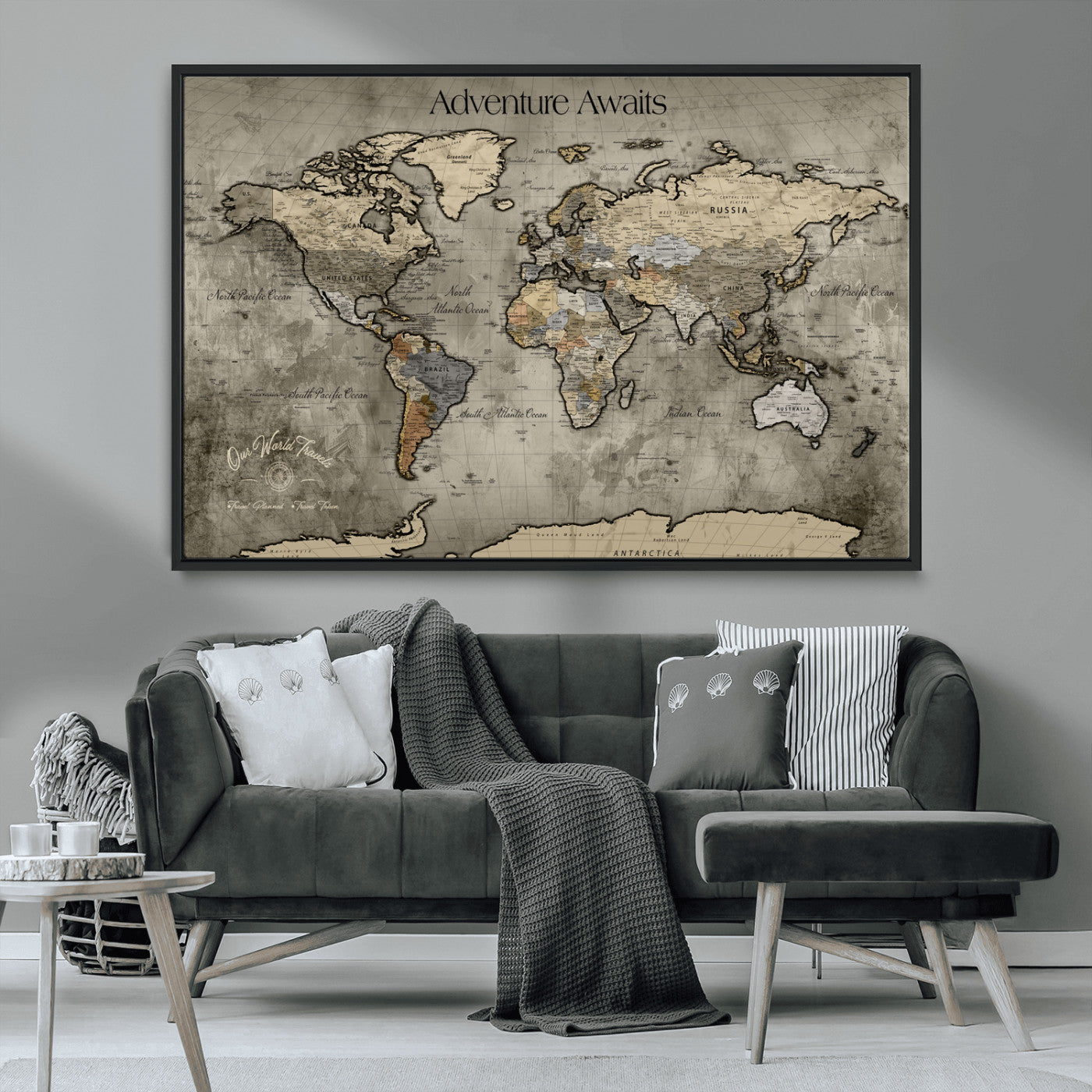 72658967-MGV-CV-36X24-Personalized World Map Wall Art – Adventure Awaits Rustic Sepia Travel Map with Custom Names, Vintage Wall Decor for Couples, Home