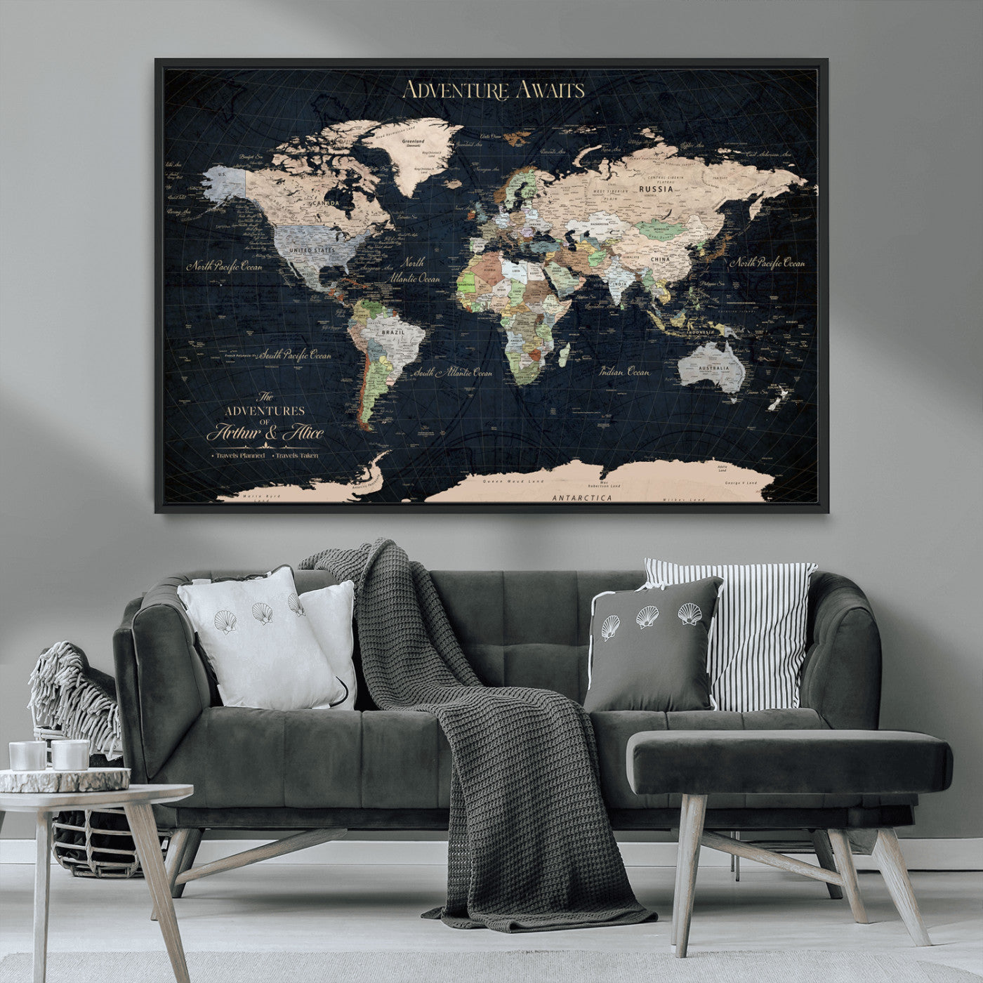 15547583-MGV-CV-36X24-Personalized World Map Wall Art – Rustic Navy Adventure Awaits Travel Map with Custom Couple Names, Vintage Wall Decor for Home or