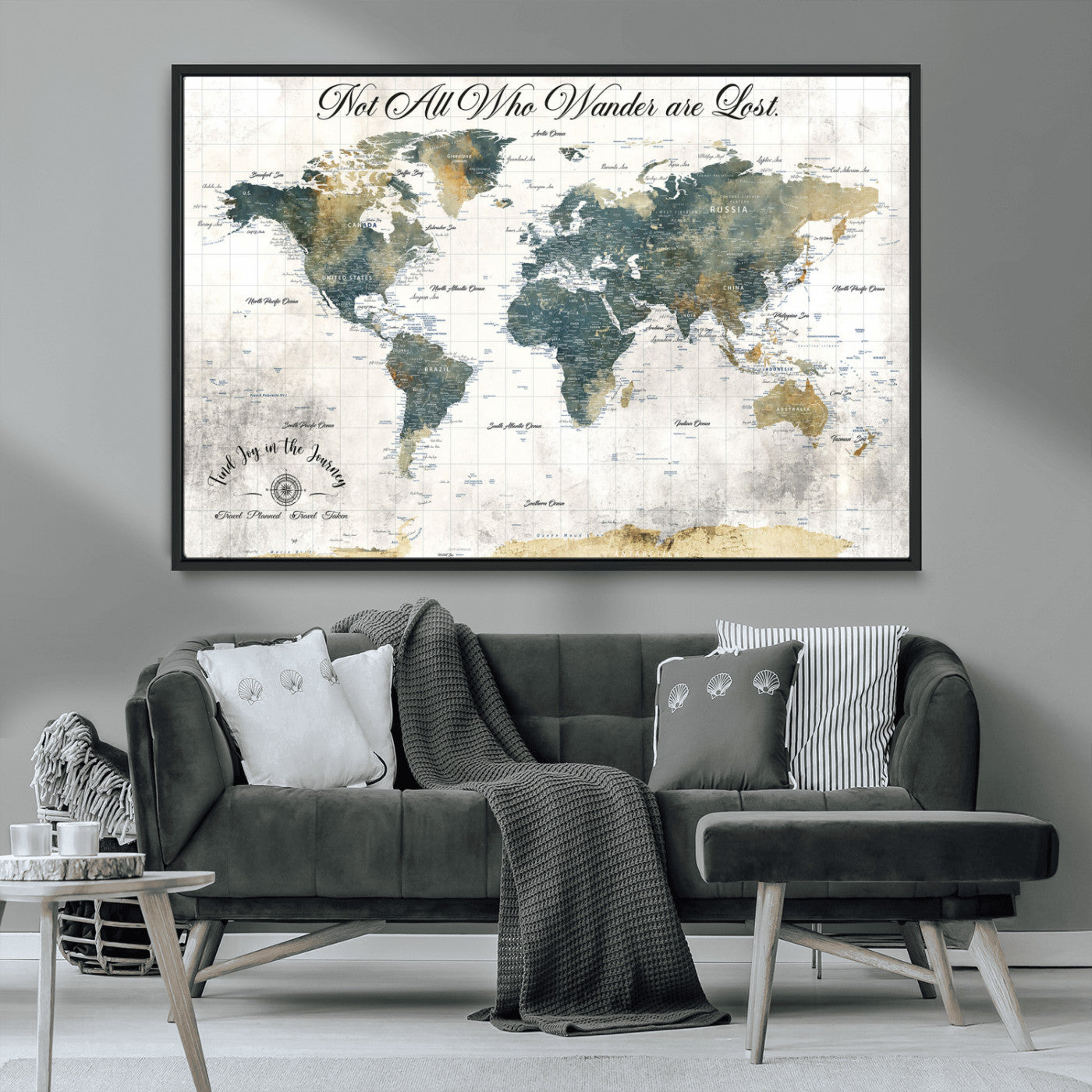 16233493-MGV-CV-36X24-Personalized World Map Wall Art – Rustic Blue Green Wanderlust Travel Map with Custom Couple Names, Vintage Wall Decor for Home