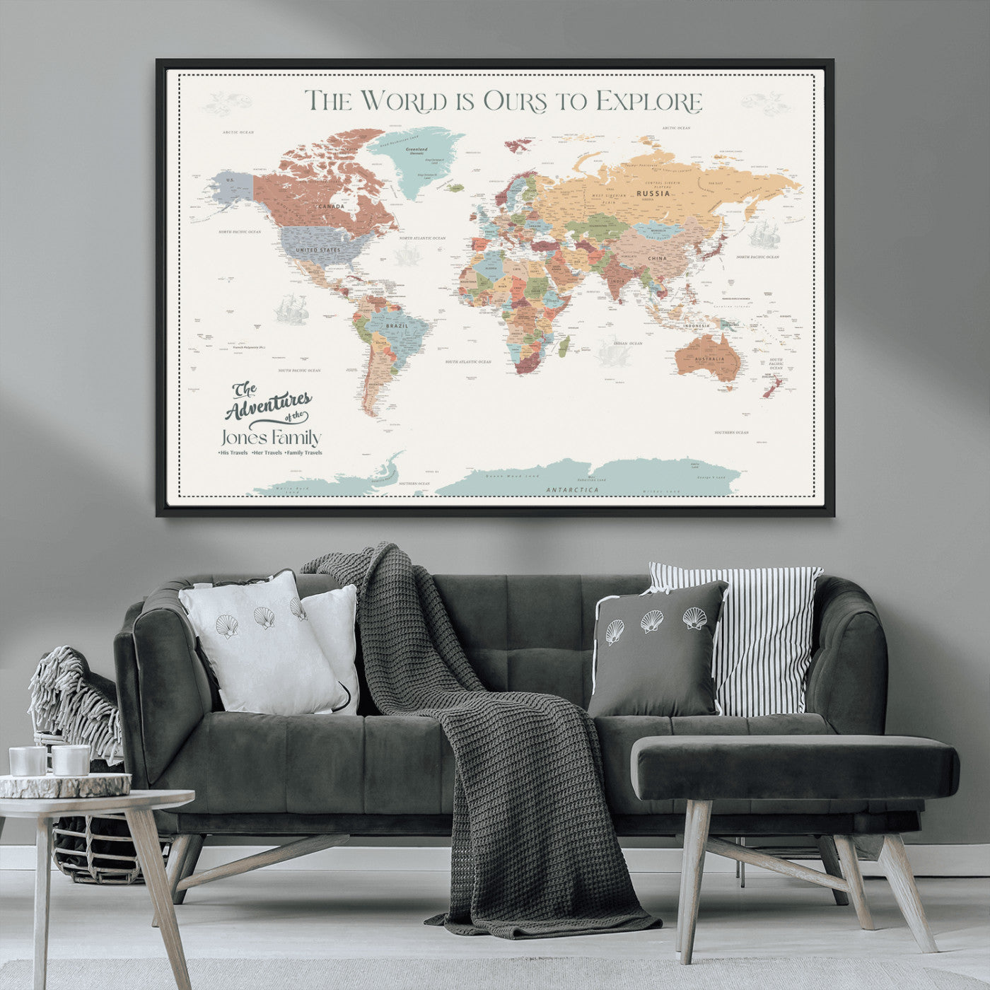 69180591-MGV-CV-36X24-Personalized World Map Wall Art – Rustic Vintage Adventure Travel Map with Custom Family Names, Unique Wall Decor for Couples,