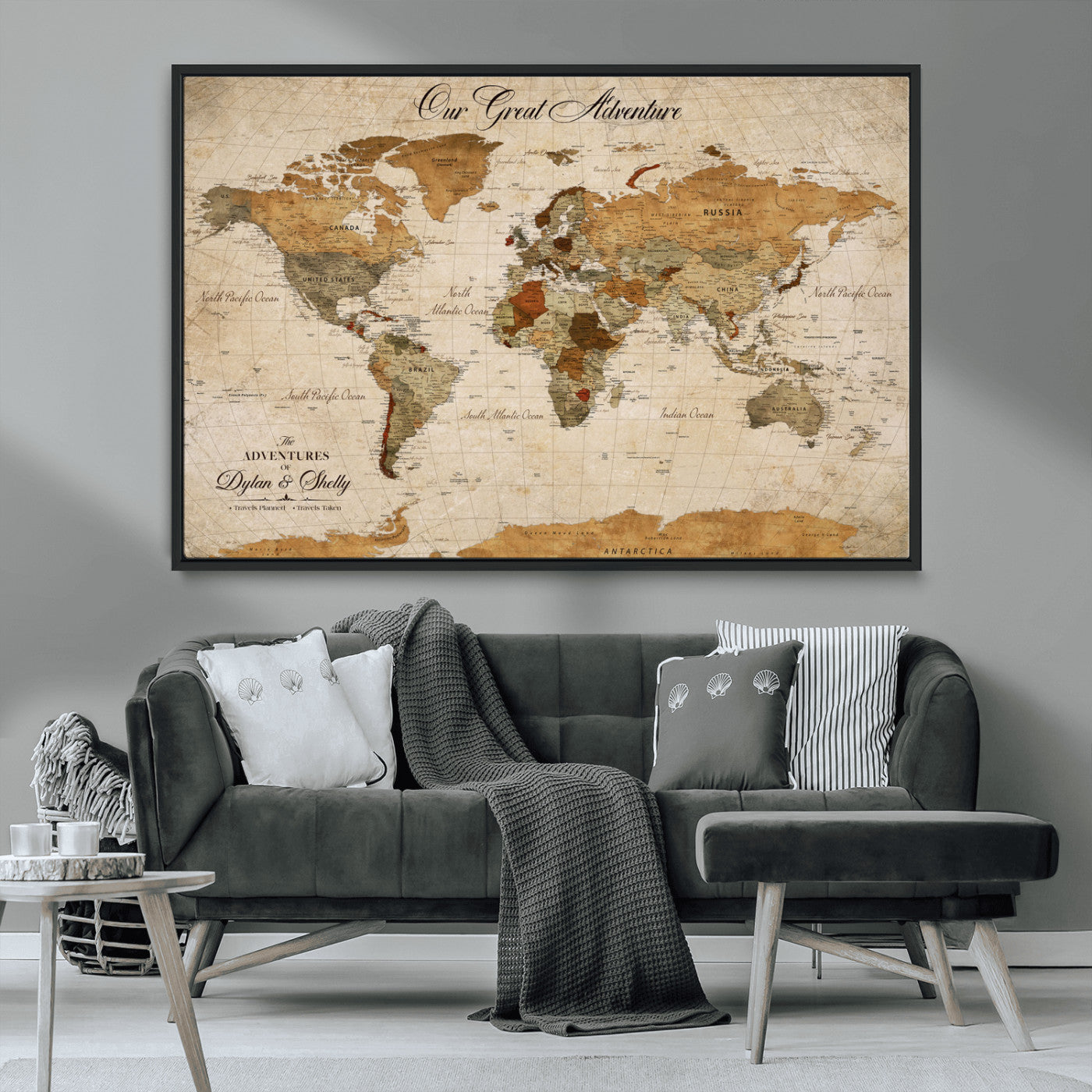 91961147-MGV-CV-36X24-Personalized World Map Wall Art – Vintage Sepia Adventure Travel Map with Custom Couple Names, Rustic Wall Decor for Home, Couples