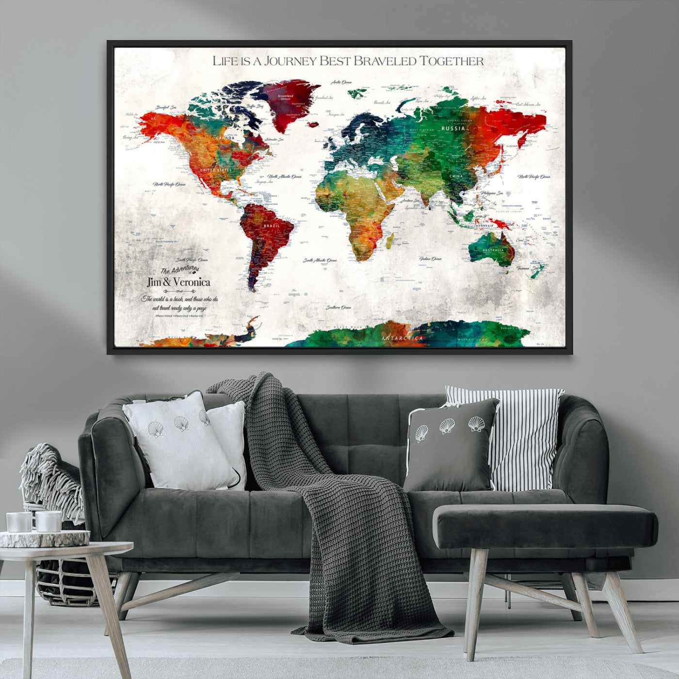 95876117-MGV-CV-36X24-Personalized World Map Wall Art – Colorful Watercolor Travel Map with Custom Names, Romantic Wall Decor for Couples, Wedding or