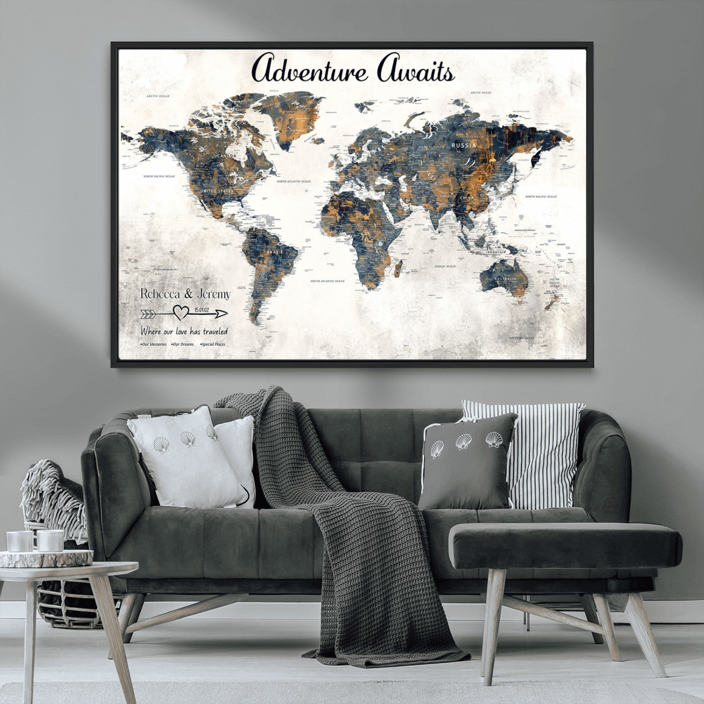 11751559-MGV-CV-36X24-Personalized World Map Wall Art – Elegant Adventure Travel Tracker Map for Couples & Families, Push Pin Canvas Poster Decor for Home, Office