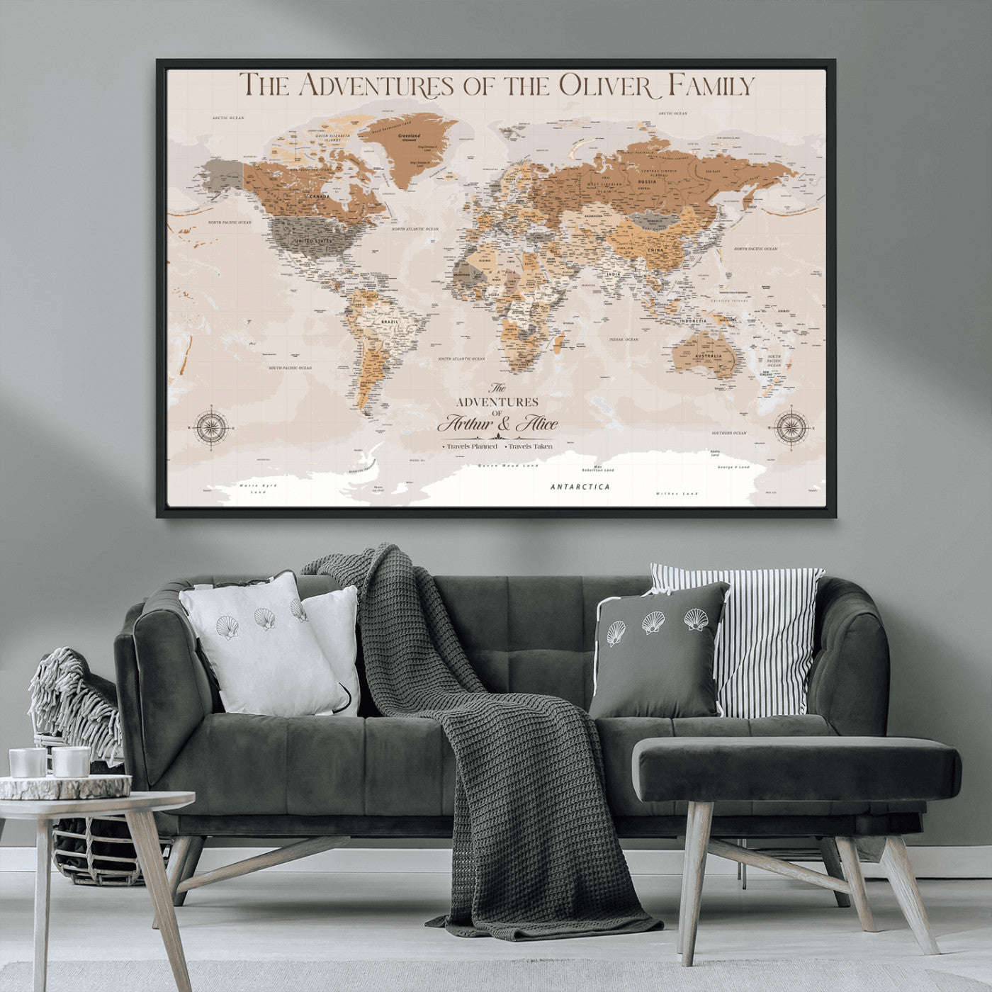 34289723-MGV-CV-36X24-Personalized World Map Wall Art – Elegant Beige and Brown Adventure Map Canvas Print for Family Home, Living Room, Study or Office