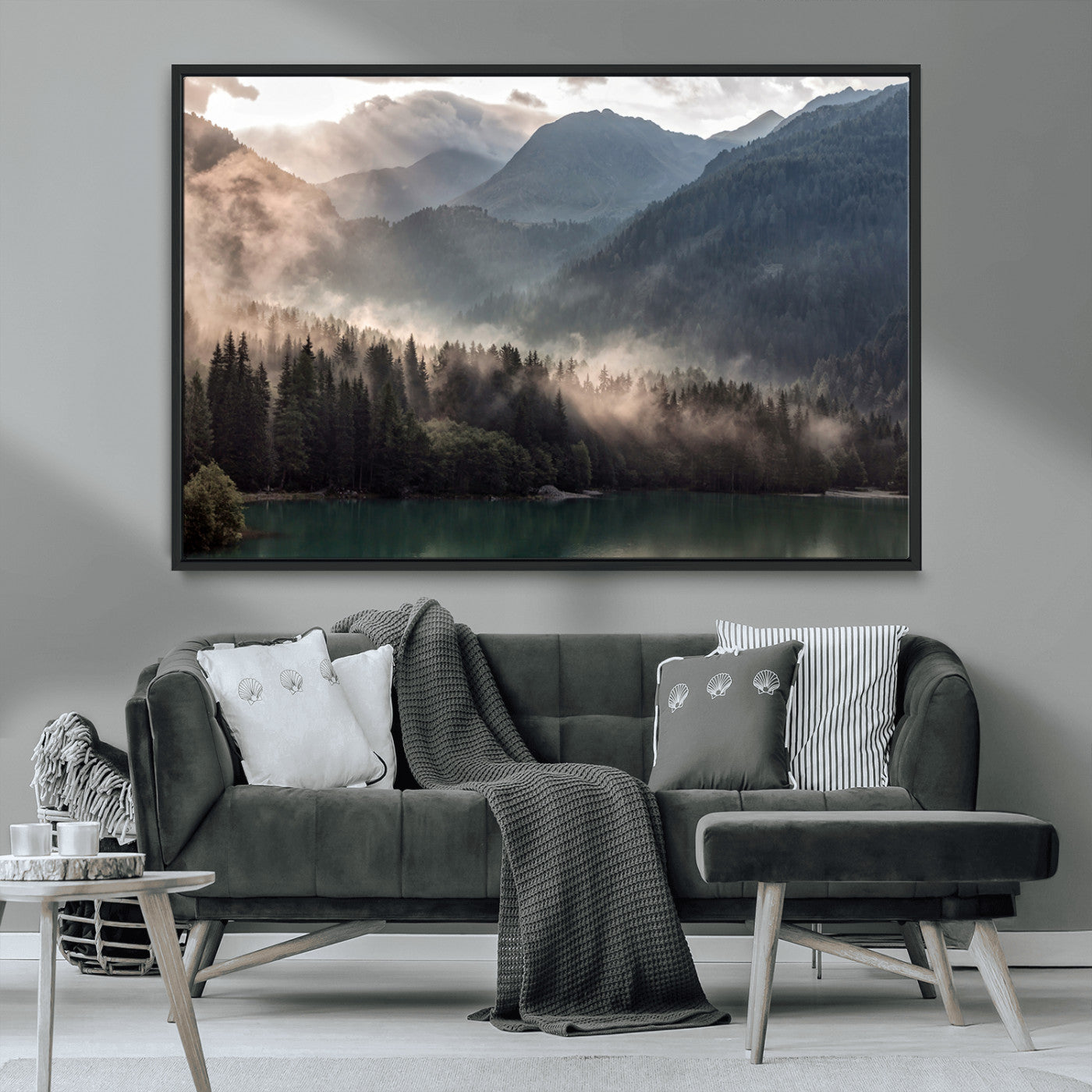 64758-MGV-CV-36X24-Misty Mountains Wall Art Canvas Print, Framed Moody Pines Art Picture Print, Forest Lake Perfect Moody Alpine Decor Artwork