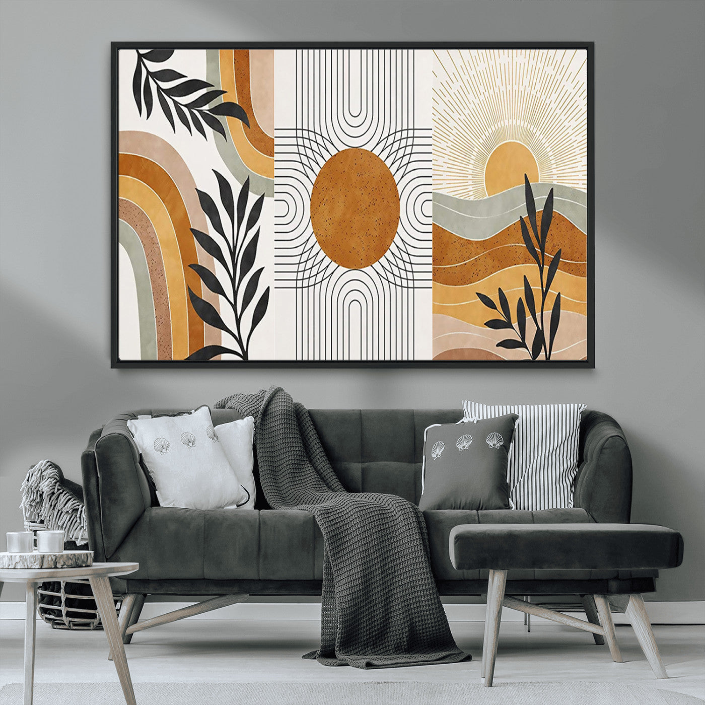 32359-MGV-CV-36X24-Modern Sun Wall Art Canvas Print, Framed Retro Horizon Art Picture Print, Sunburst Design Perfect Mid Century Boho Decor Artwork