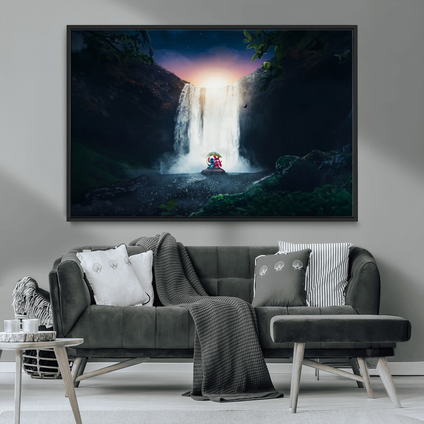 56359-MGV-CV-36X24-Lilo Stitch Wall Art Canvas Print, Framed Stitch Angel Art Picture Print, Cartoon Waterfall Perfect Tropical Fantasy Decor Artwork